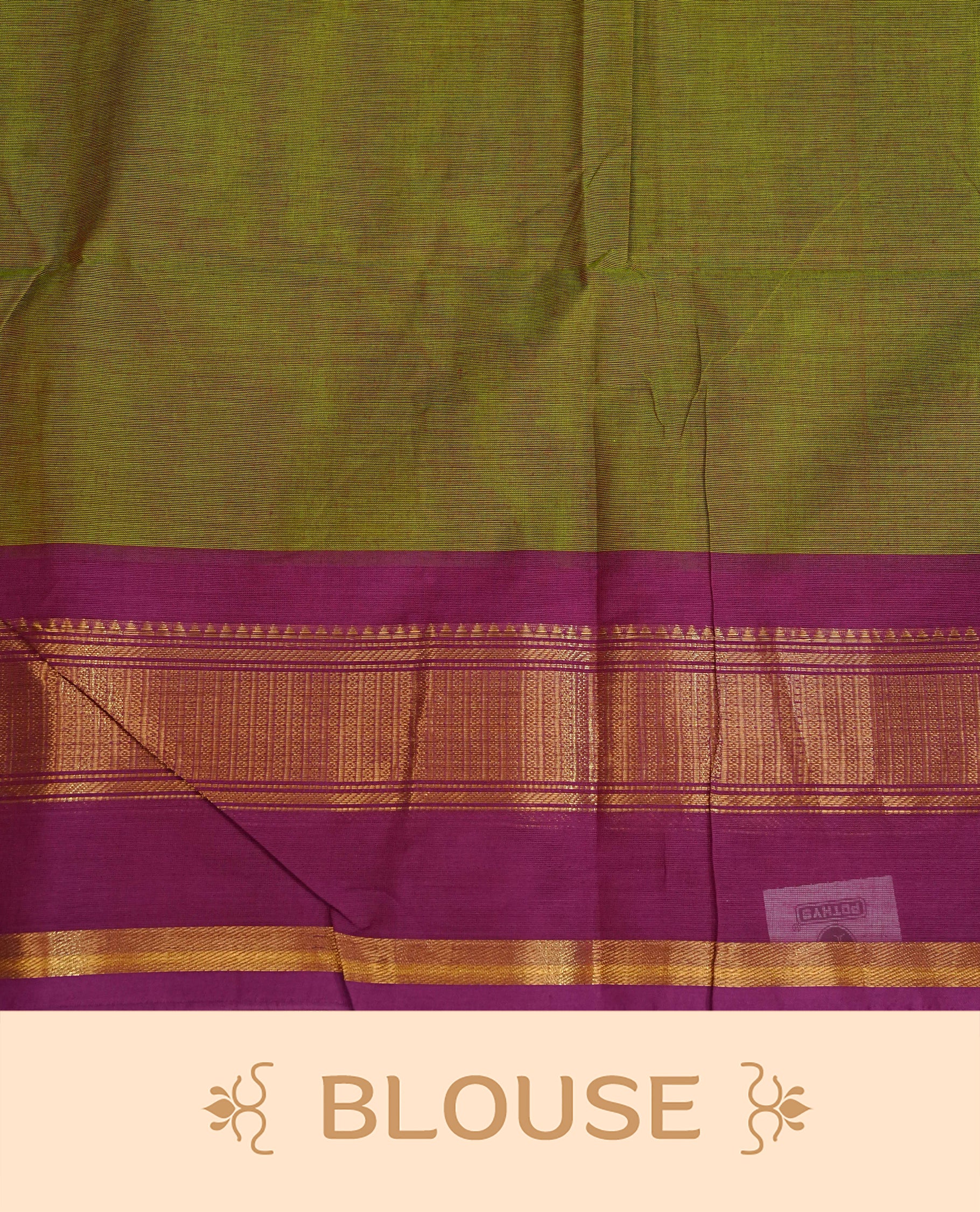 Lemon green colour chettinad cotton saree featuring elegant plain body, Contrast Magenta colour with Gold zari border, comes with matching blouse piece.