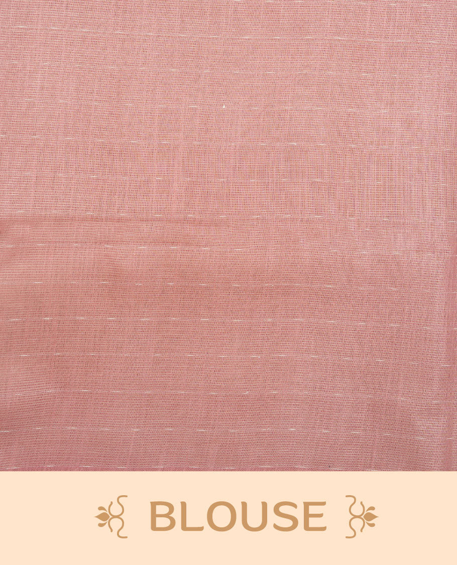 Pink colour semi jute saree highlighting gold zari stripped body with white motifs, without border and paired with matching blouse.