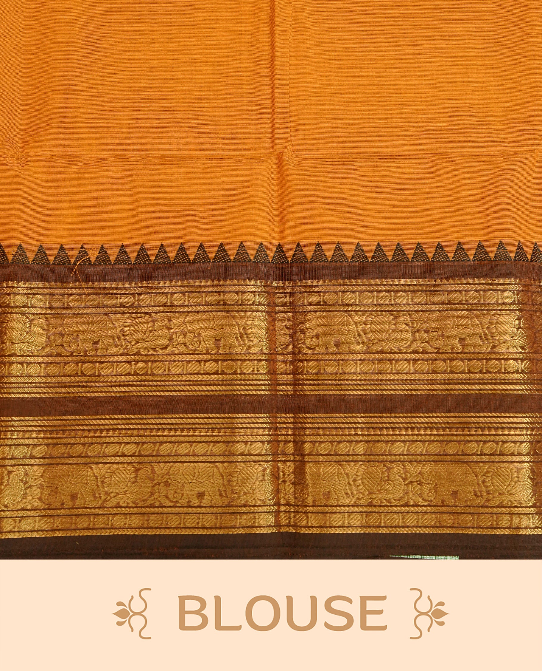 Mustrad colour chettinad cotton saree featuring Elegant plain body,Contrast Brown colour with Gold zari border, comes with matching blouse piece.