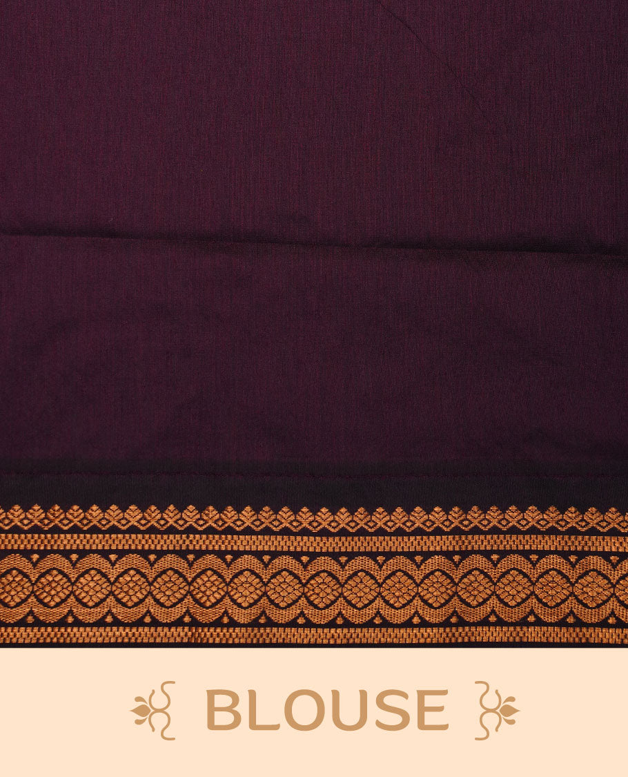 Orange colour kalyani cotton saree featuring Elegant plain body, complemented by Purple colour with Antique zari border, paired with matching blouse piece.