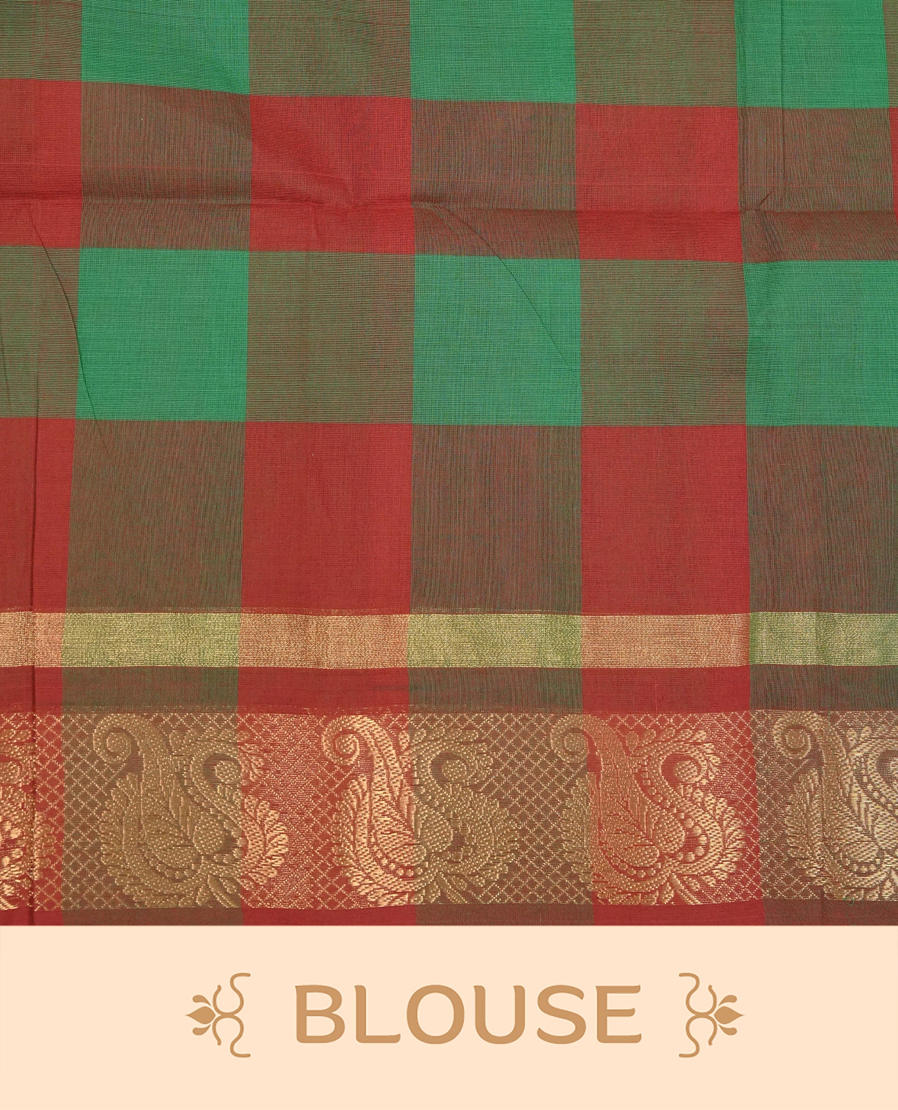 Maroon & green colour chettinad cotton saree featuring check pattern on body, complemented by Self Colour with gold zari border, comes with matching blouse piece.