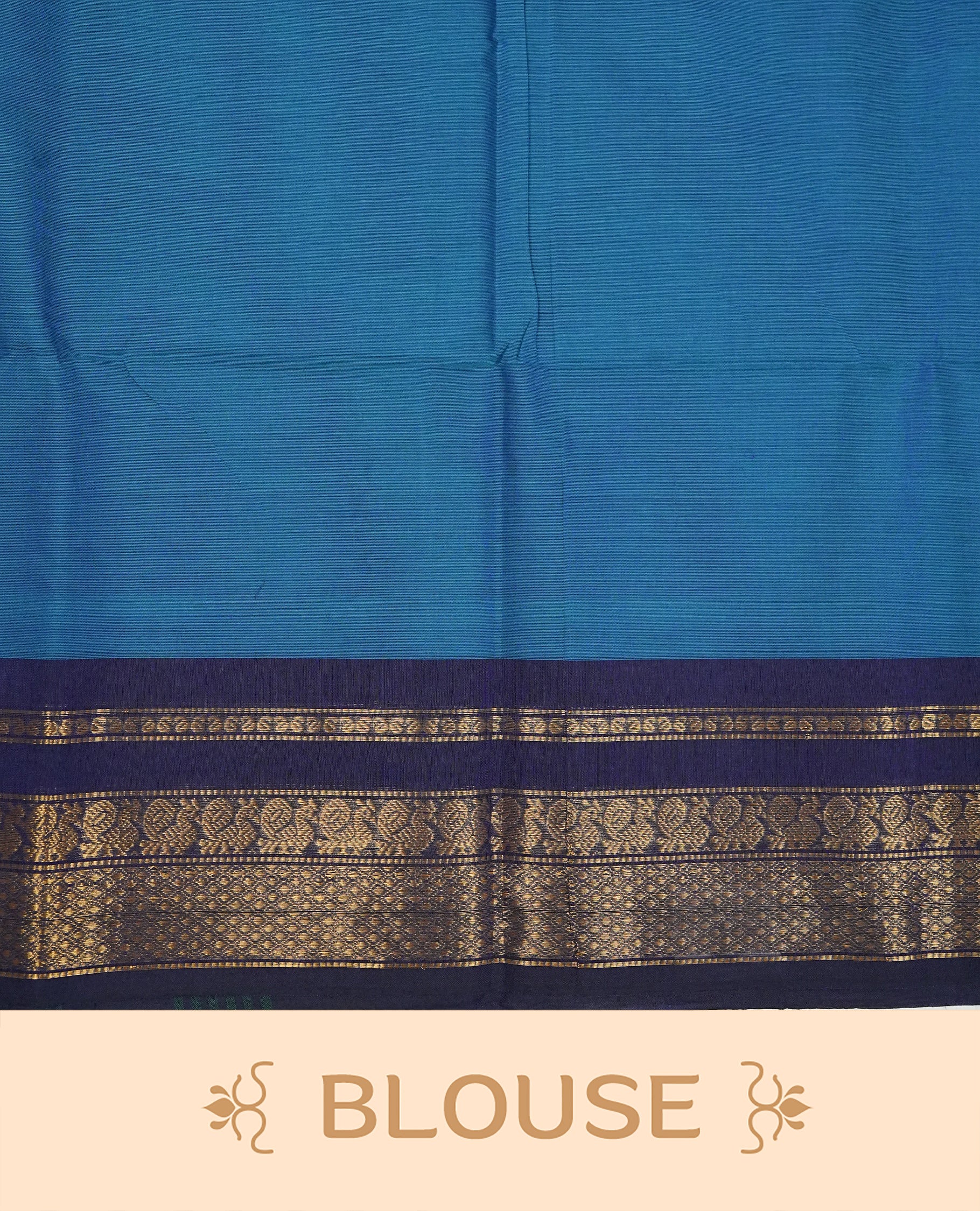 Peacock Colour Chettinad Cotton Saree Featuring a Plain Body, Complemented by a Violet Colour Border with Gold Zari and a Contrast Striped Pallu, Paired with a Matching Blouse Piece.