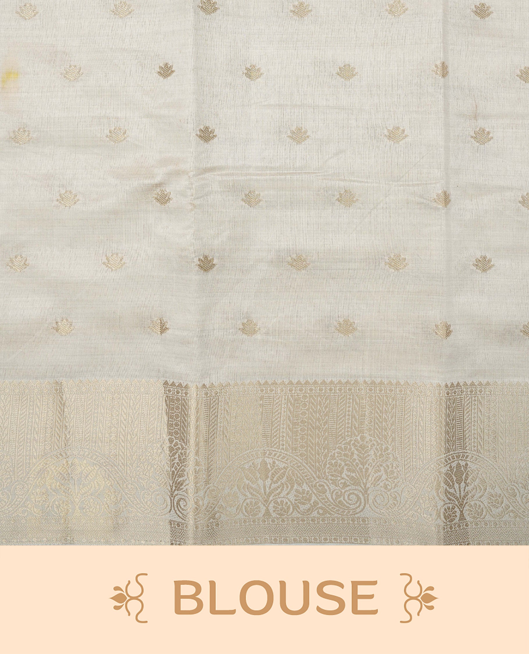 Off white gold Tussar saree featuring Gold zari buttas on body, complemented by self colour with traditional border, comes with matching blouse piece.