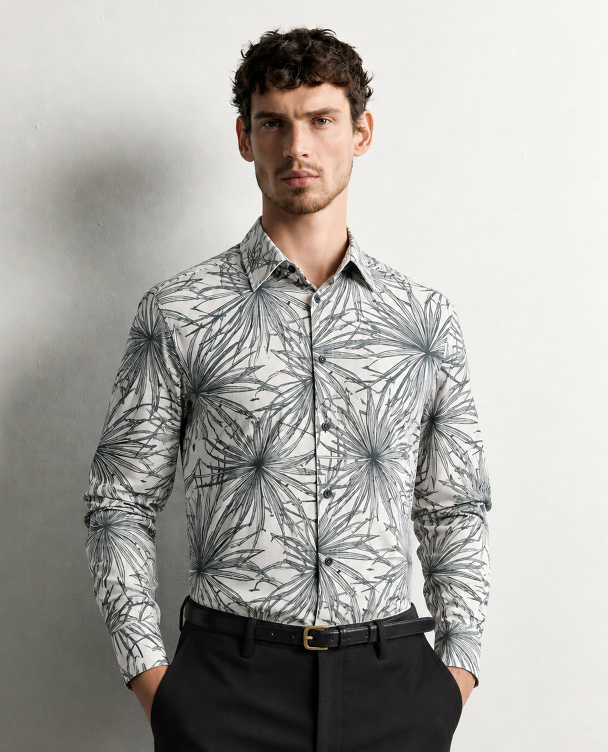 Off white colour shirt with Green colour patterned body, Full sleeve.