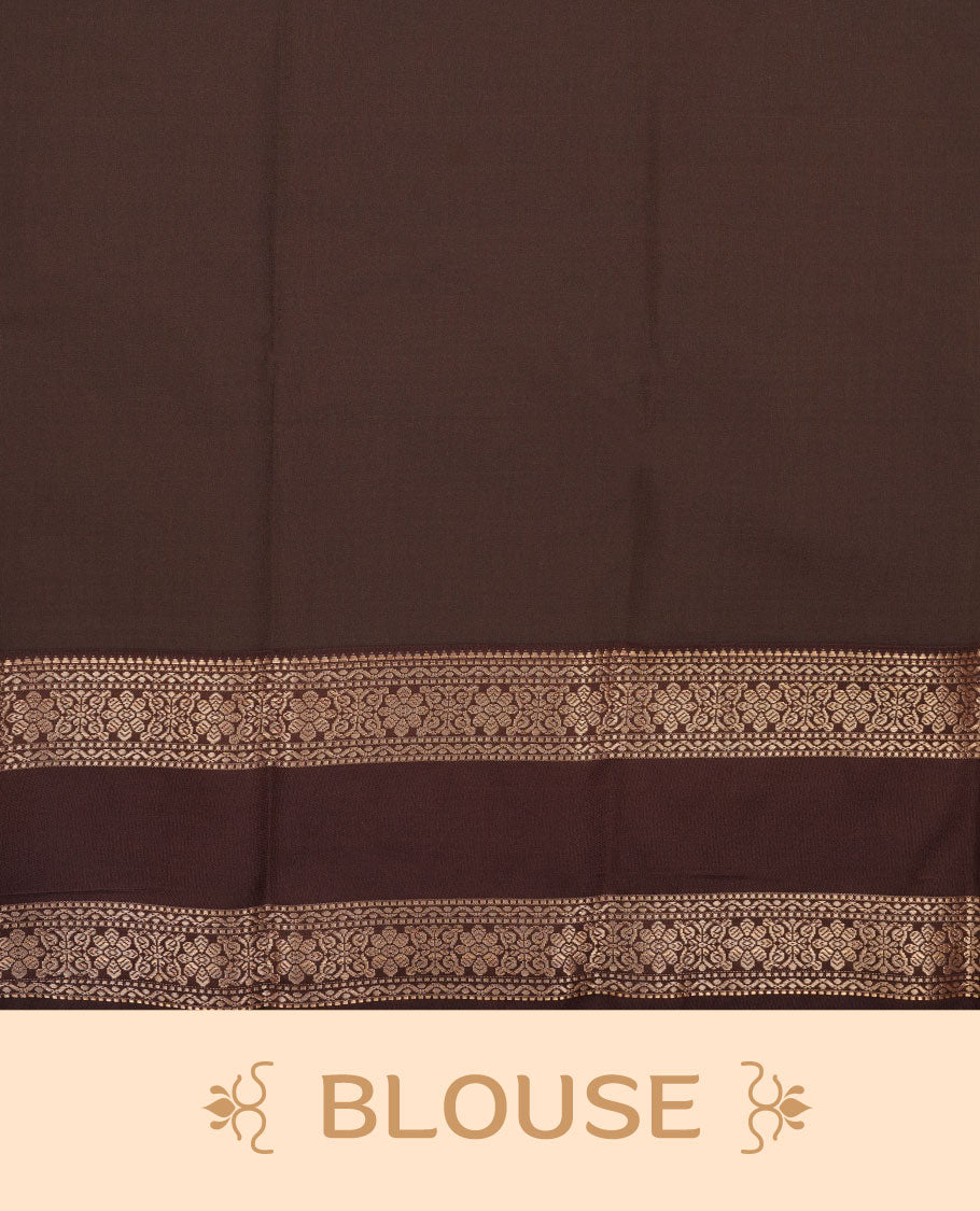 Dark Rust orange colour semi silk saree featuring gold zari checks and small motifs on body highlighting contrast dark chocolate border , paired with matching blouse