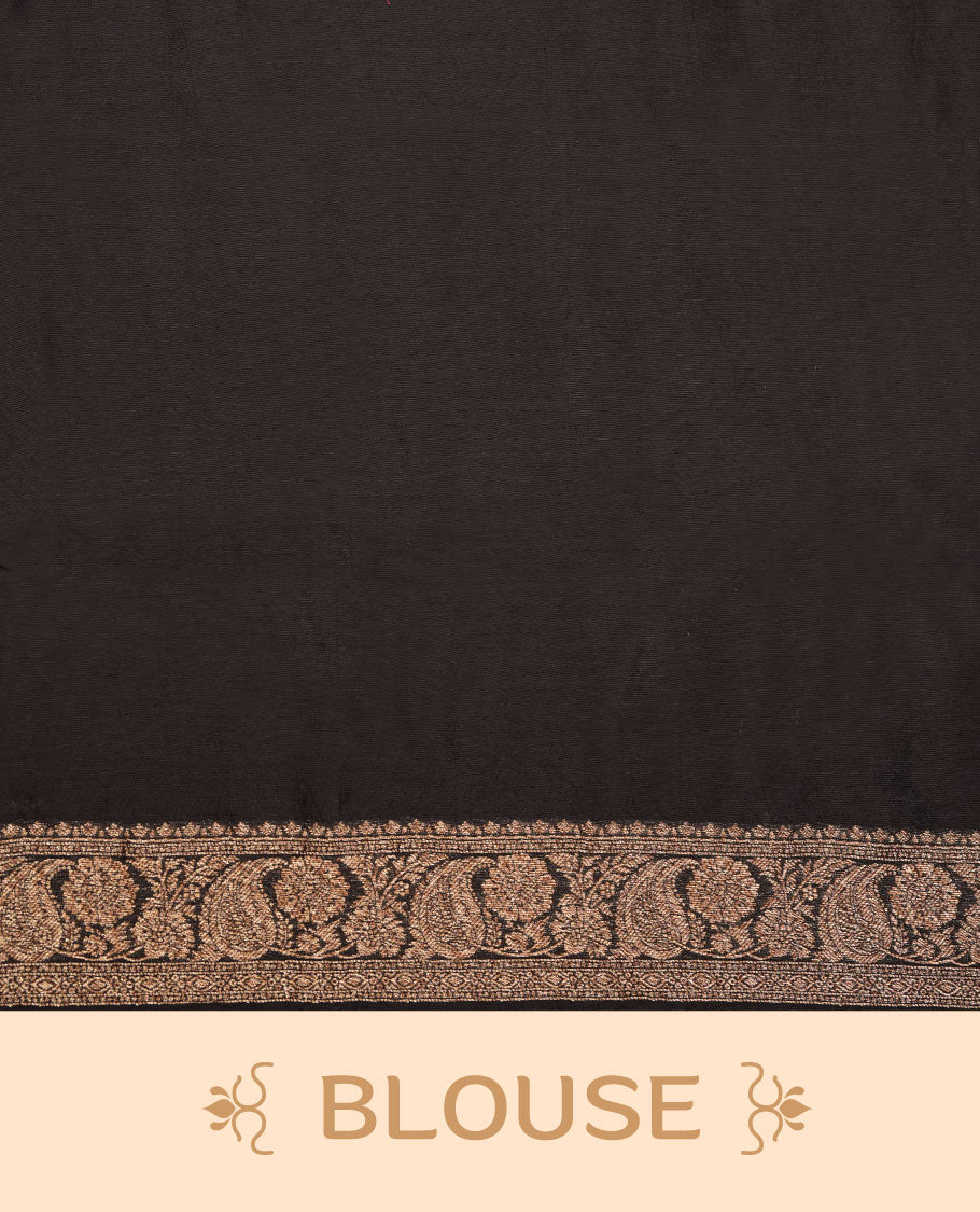Black colour semi Banaras saree with gold zari buta motifs, finished with a traditional gold zari border and pallu, paired with a matching blouse.