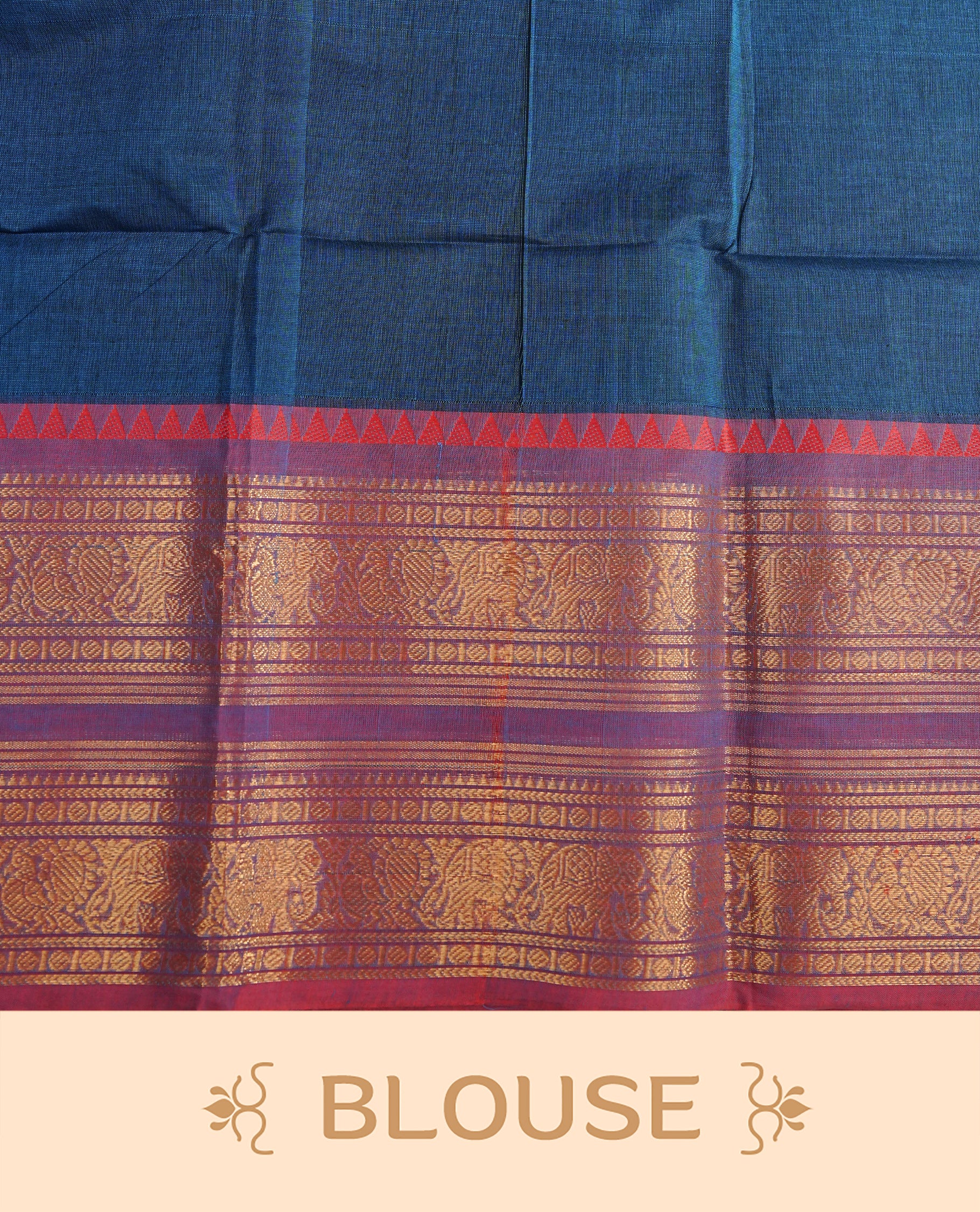 Blue colour chettinad cotton saree featuring Elegant plain body,Contrast Pink colour with Gold zari border, comes with matching blouse piece.