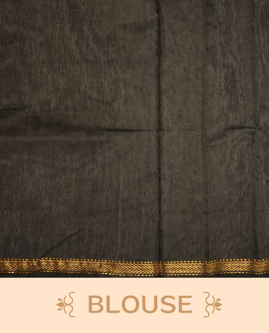 Purple colour Maheshwari cotton saree features elegant gold zari motifs across the body, a classic gold zari border, a striking contrast pallu, and a matching blouse piece.