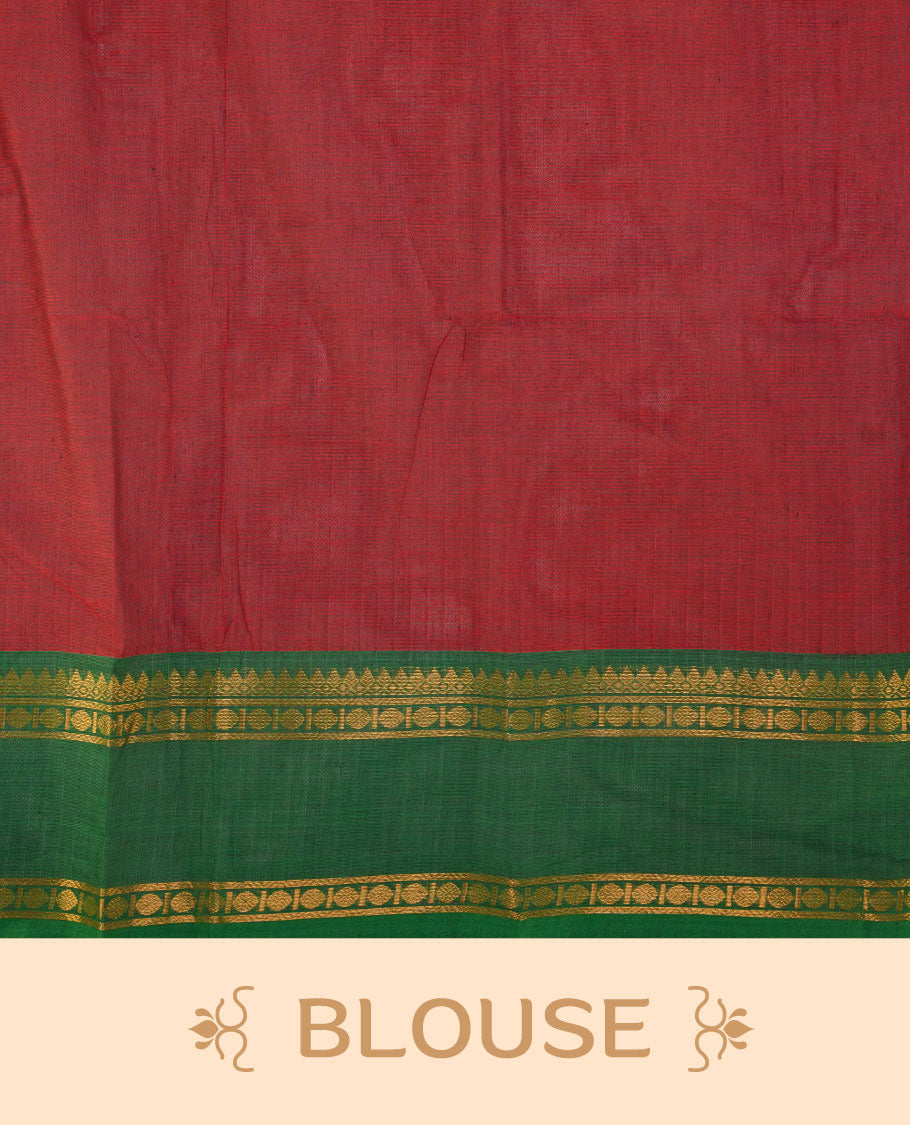 Maroon colour chettinad cotton featuring gold zari check pattern on body , complemented by contrast Green colour with gold zari border, paired with matching blouse piece.