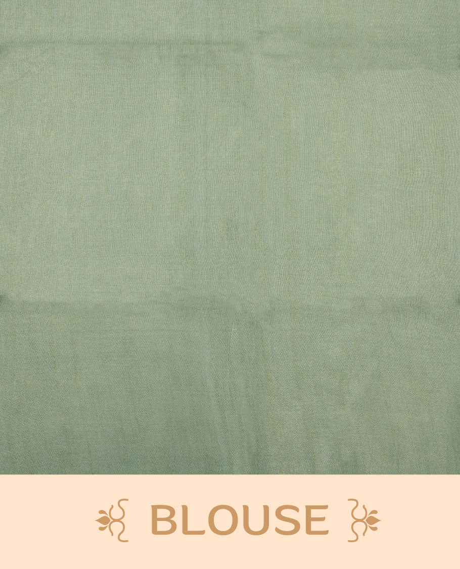 Light green colour semi jute saree highlighting gold zari stripped body with white motifs, without border and paired with matching blouse.