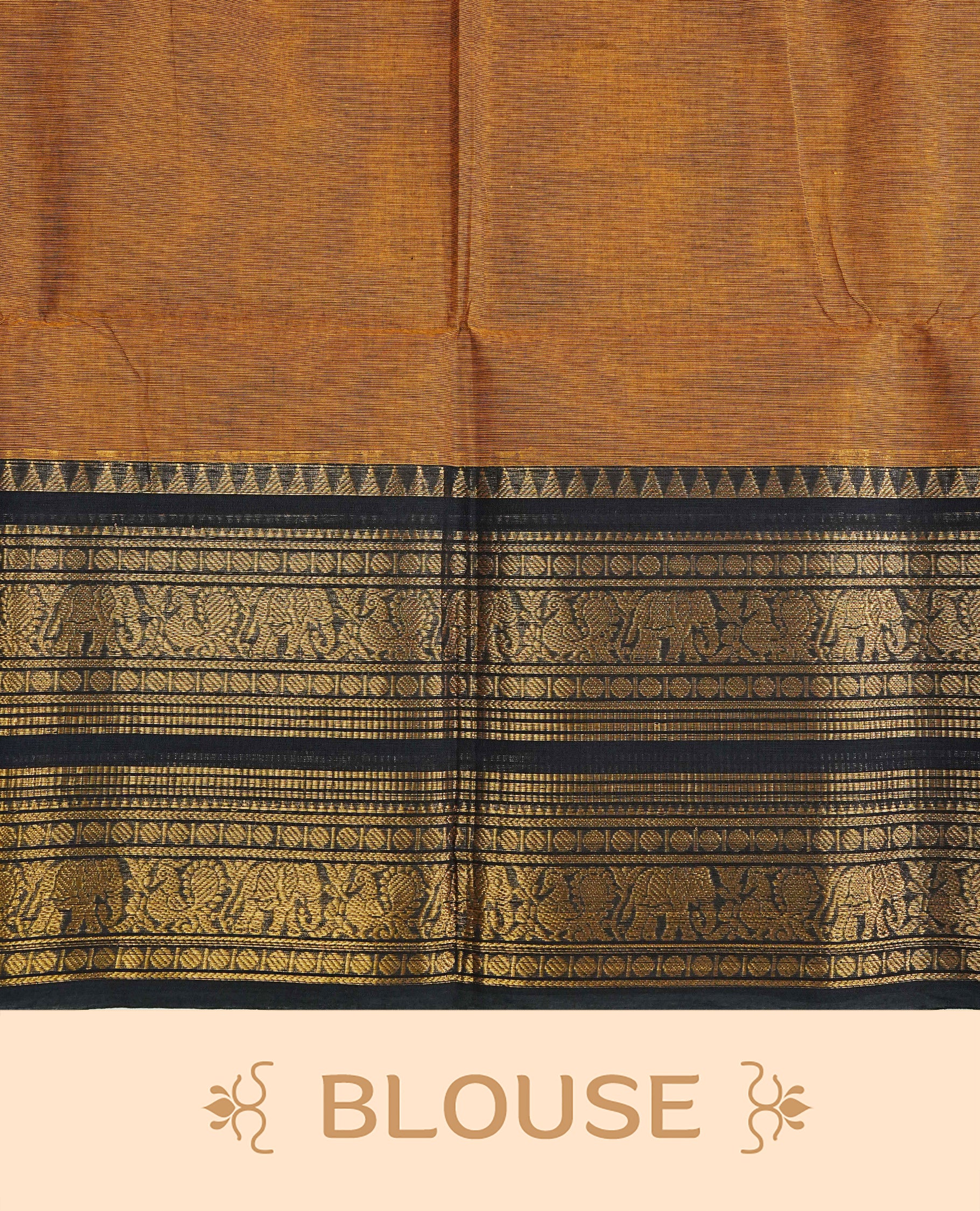 Mustard colour chettinad cotton saree Featuring Elegant plain body, complemented by contrast black colour with zari border, comes with matching blouse piece.