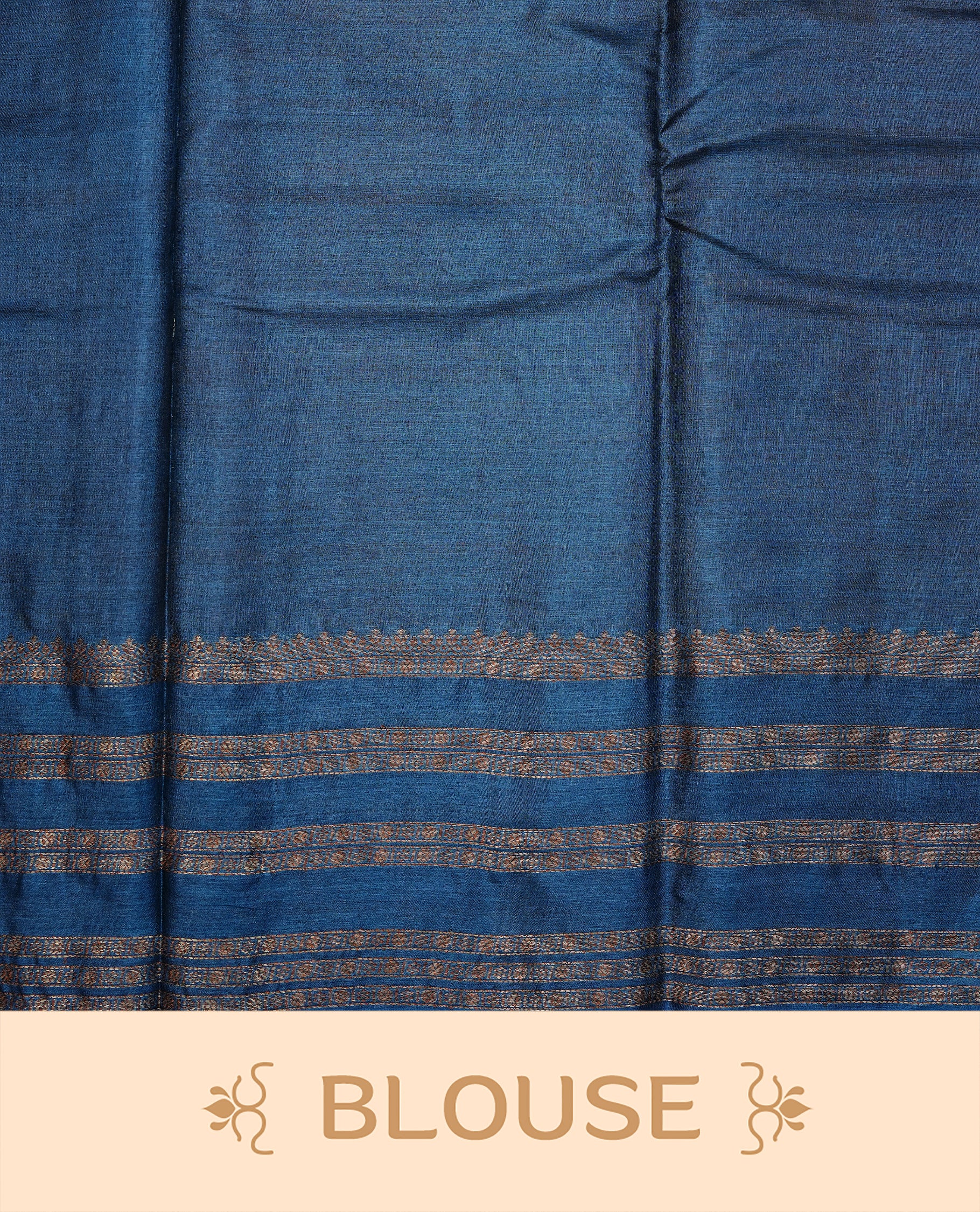 Mustard colour pure tussar banaras silk saree featuring gold zari motifs on body, highlighting contrast teal colour with zari border, paired with matching blouse piece.