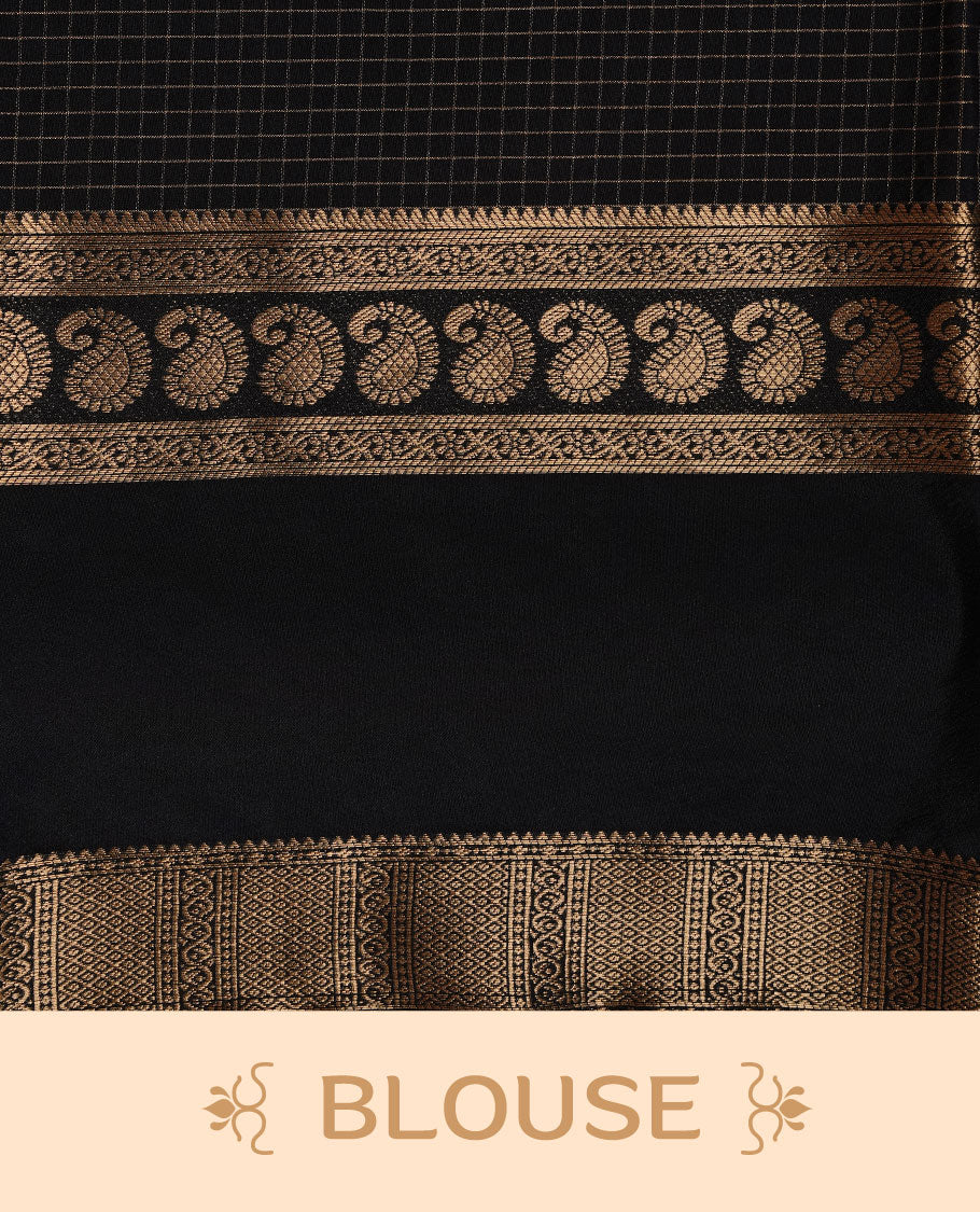 Mauve colour semi georgette saree featuring gold zari check pattern on body, complemented by contrast Black colour with zari border, paired with matching blouse piece.