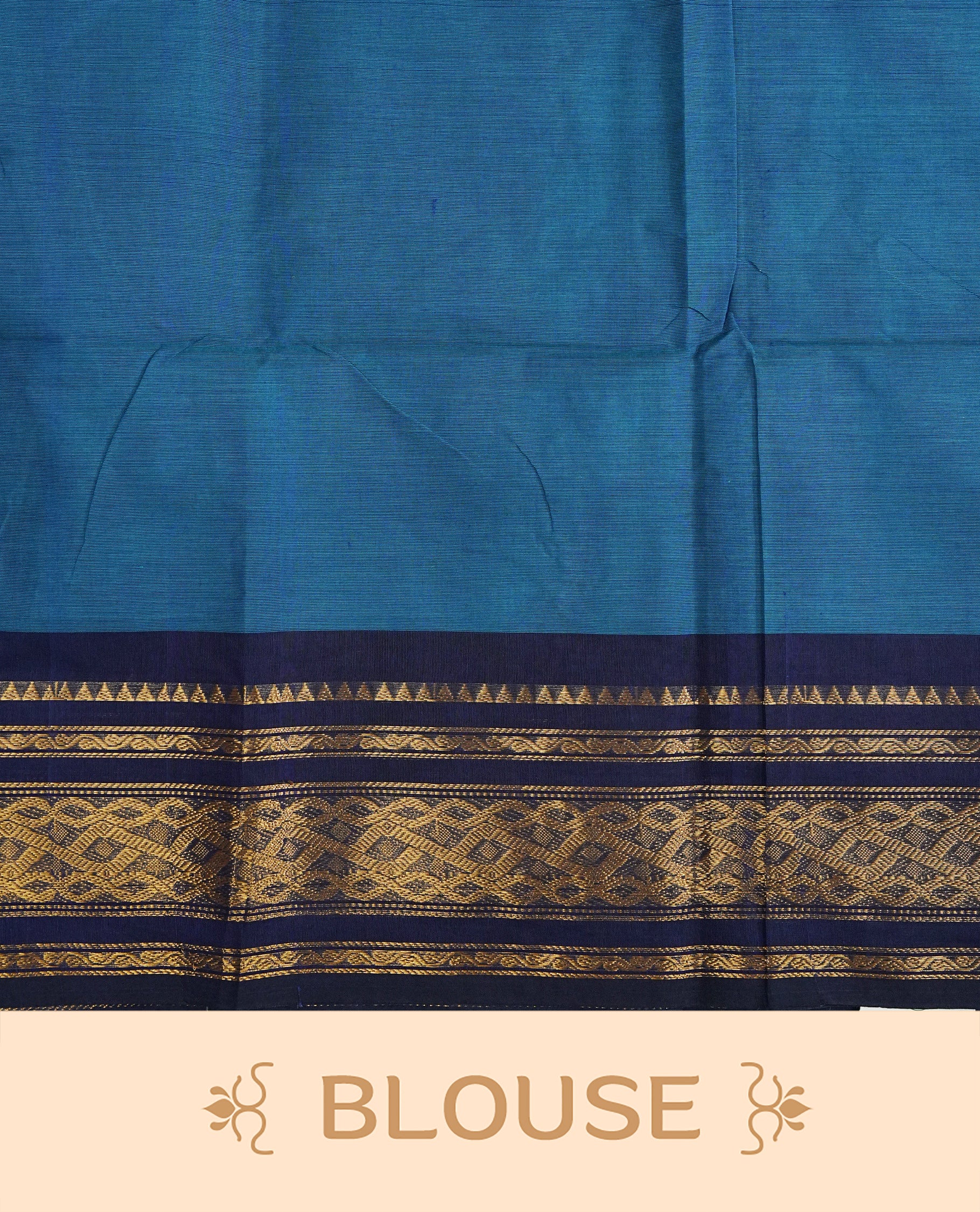 Blue Colour Chettinad Cotton Saree Featuring a Plain Body, Complemented by a Dark blue Colour Border with Gold Zari and  Pallu, Paired with a Matching Blouse Piece.