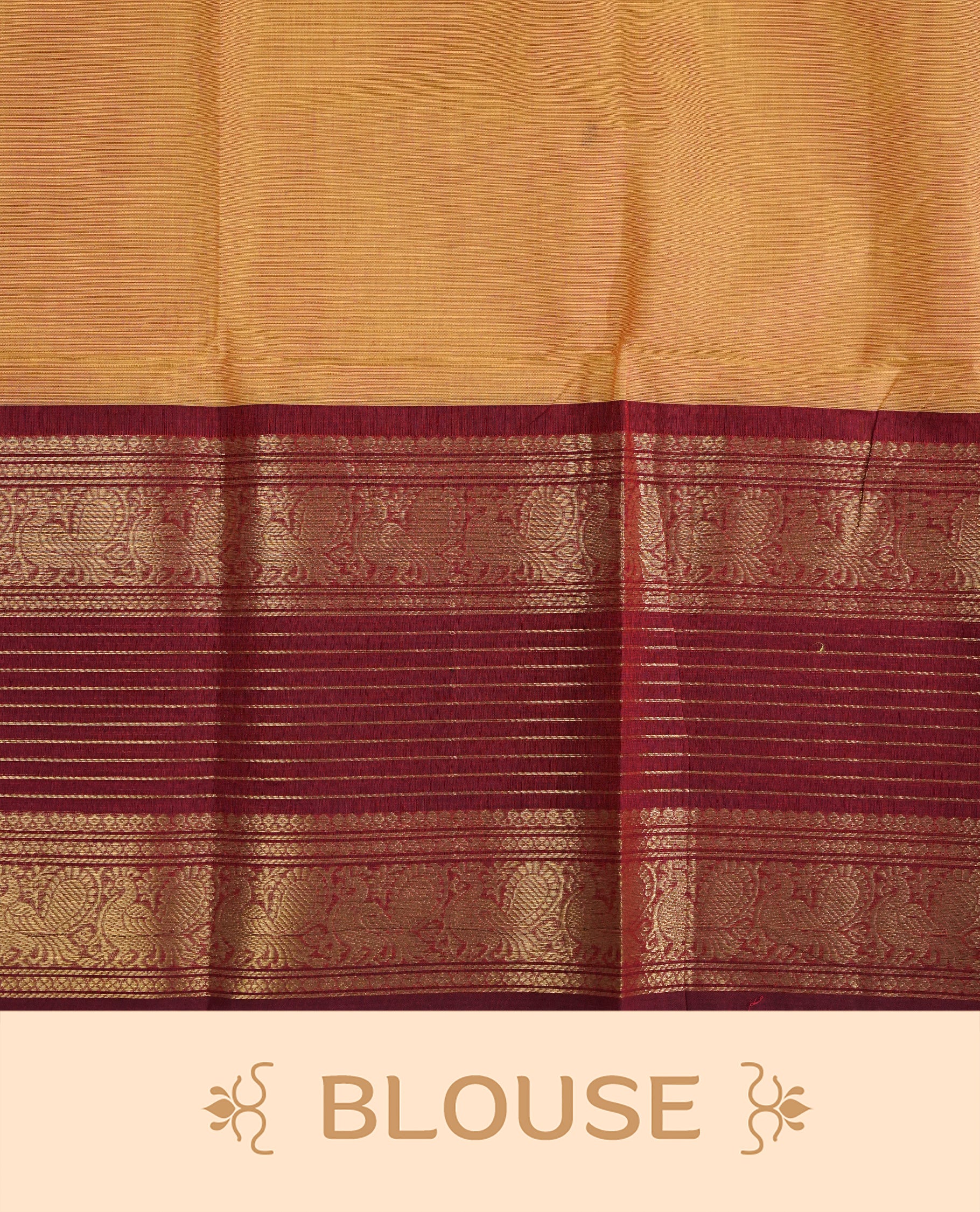 Mustard colour chettinad cotton saree Featuring Elegant plain body, complemented by contrast Maroon colour with zari border, comes with matching blouse piece.