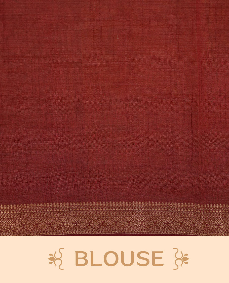 Olive colour tussar saree featuring elegant plain body, contrast Maroon colour gold zari border and comes with matching blouse piece.