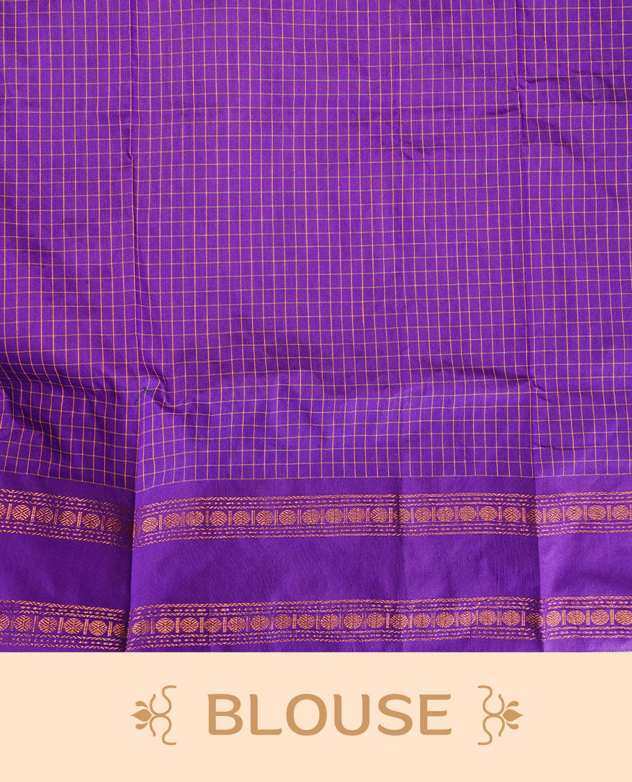 Indigo colour kalyani cotton saree featuring check pattern on body, complemented by self colour with traditional border, paired with matching blouse piece.