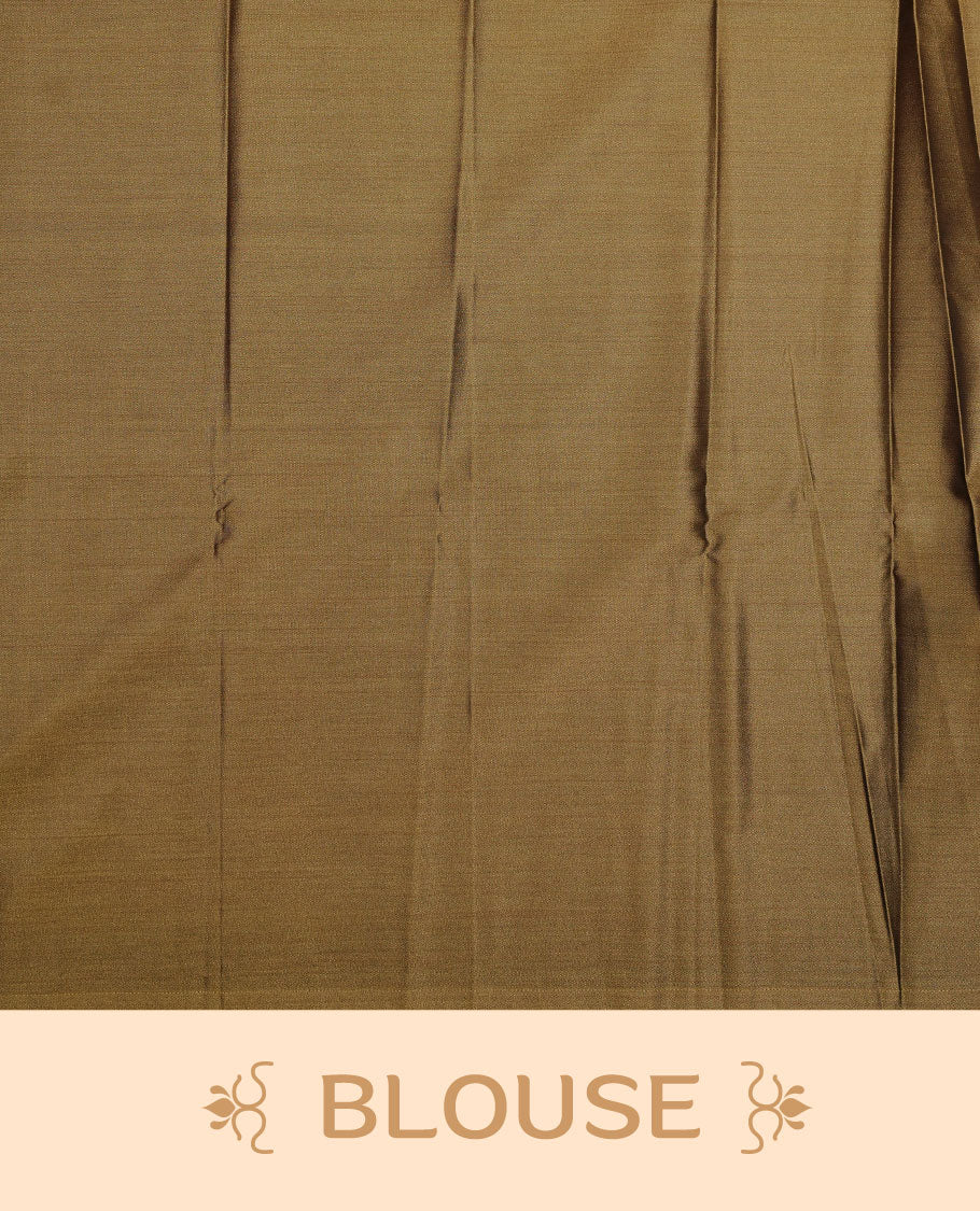 Purple colour soft silk sareee featuring rose gold zari motifs on body, complemented by self colour with zari border, contrast green pallu paired with matching blouse piece.