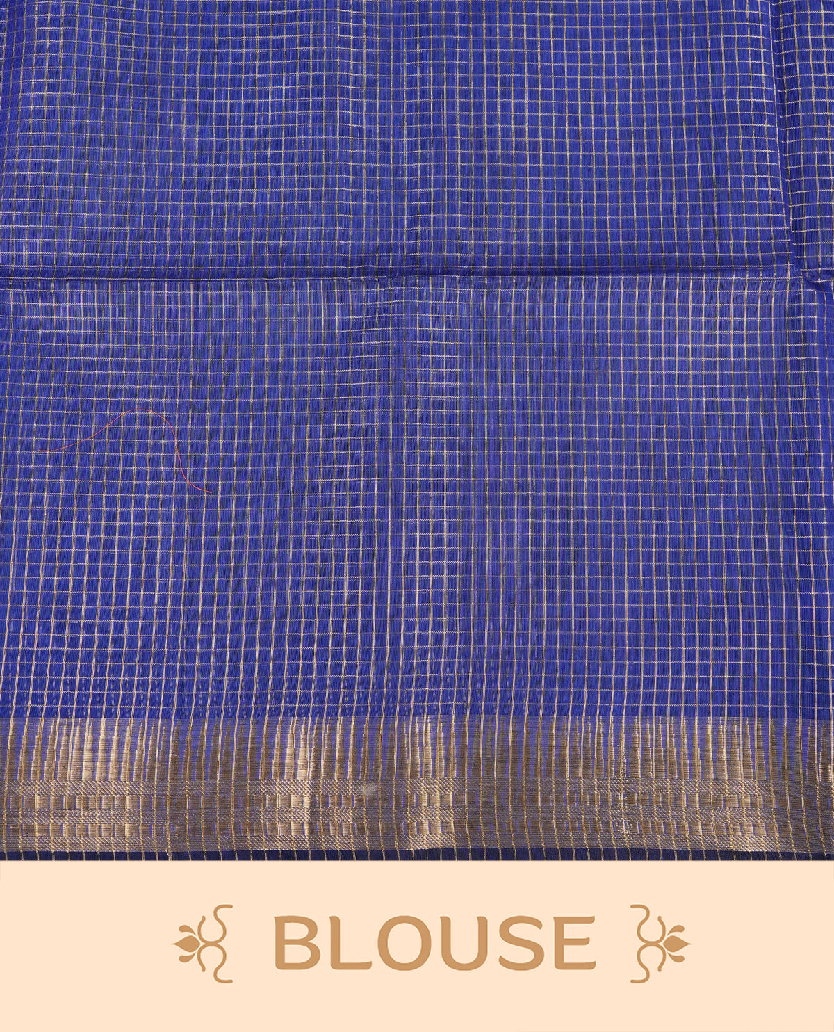 Navy blue colour Maheshwari cotton saree, gold zari small checks on body, complement self colour gold zari temple design border comes with matching blouse.