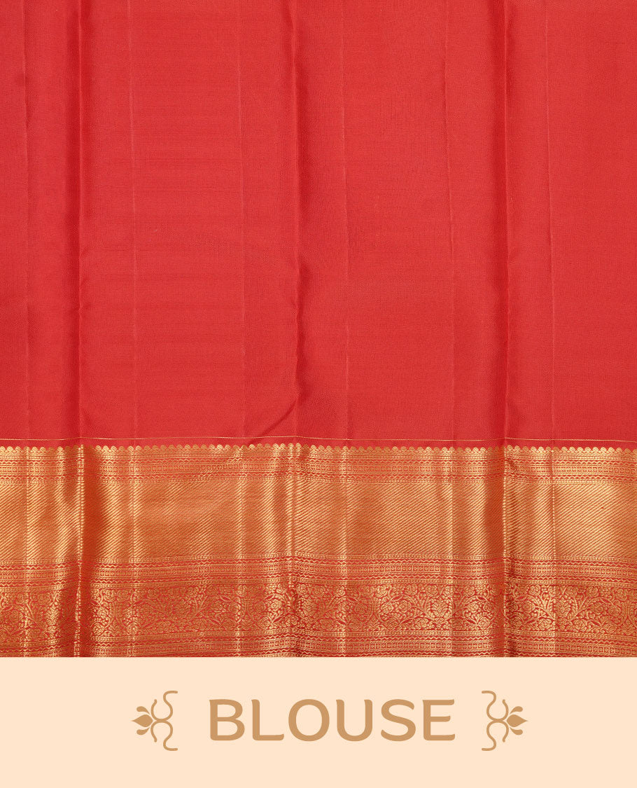 Red colour kancheepuram silk saree featuring gold zari pattern across body, complemented by selfcolour border traditional zari border, paired with matching blouse piece.