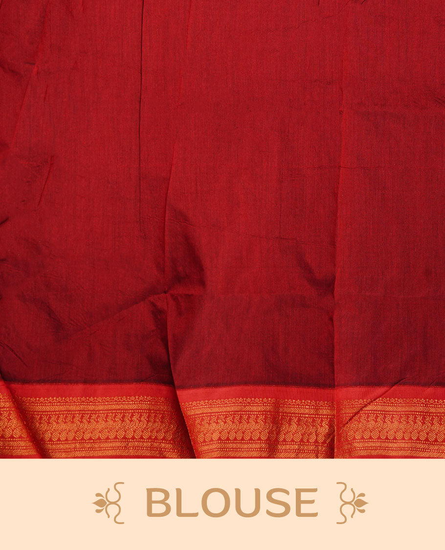 Black colour kalyani cotton saree featuring antique zari motifs on body, complemented by red colour with Antique zari border, paired with matching blouse piece.