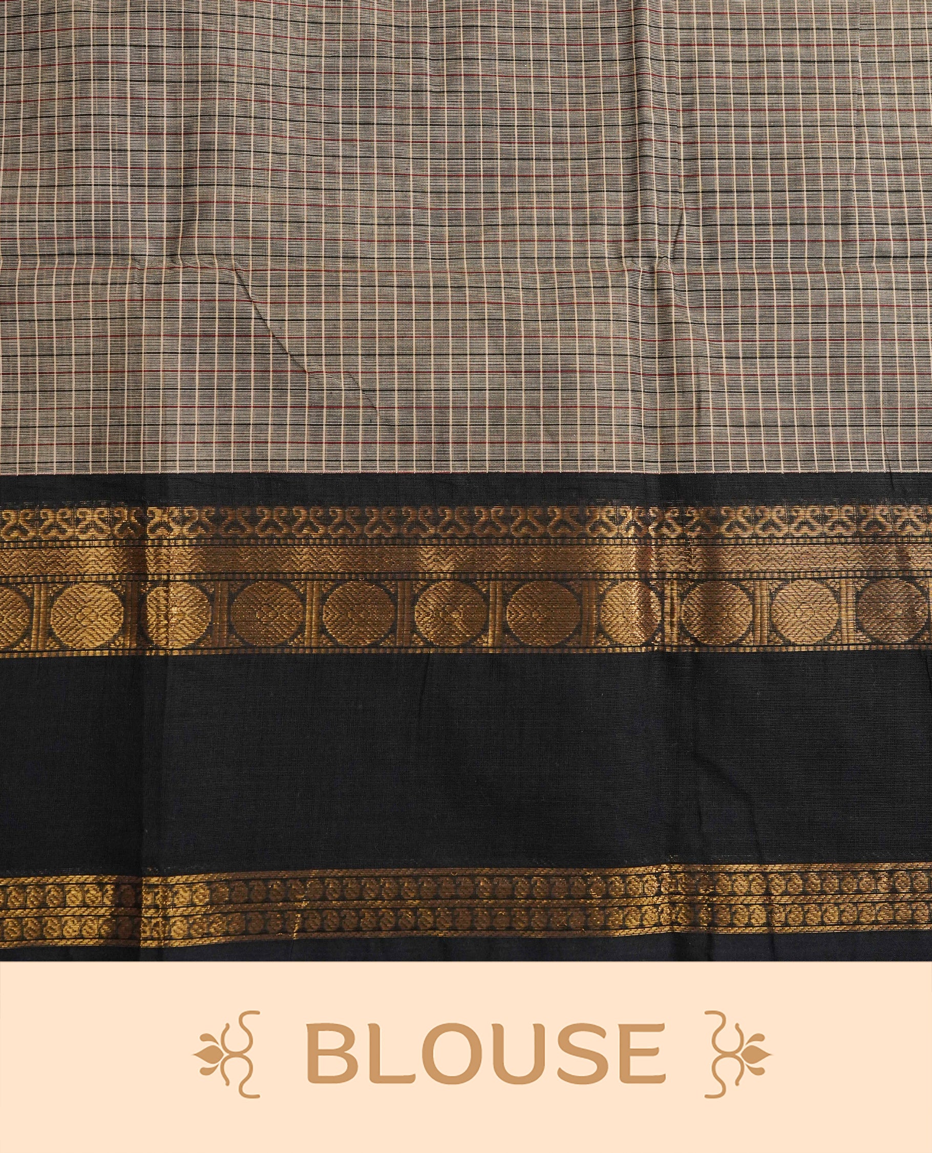 Grey colour chettinad cotton saree Featuring Gold zari check pattern on body, complemented by contrast black colour with zari border, comes with matching blouse piece.