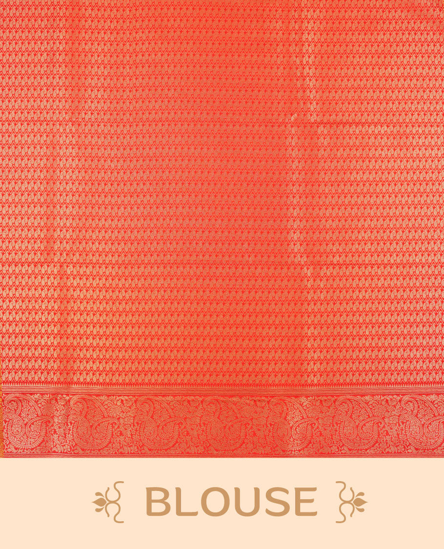 Cream colour semi silk brocade saree featuring intricate light Gold Floral kodi and leaf patterns across the body, complemented by a contrast red colour woven border and pallu, paired with a matching blouse.