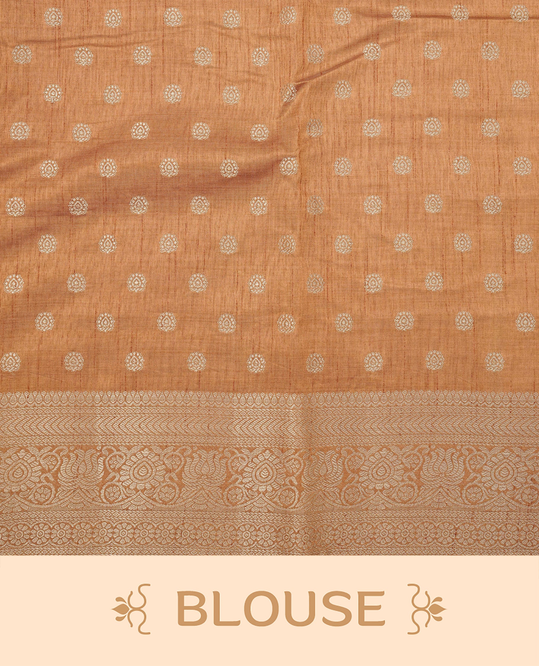 Light Gold Tussar saree featuring Gold zari buttas on body, complemented by contrast Mustard Colour with Gold zari border, comes with matching blouse piece.