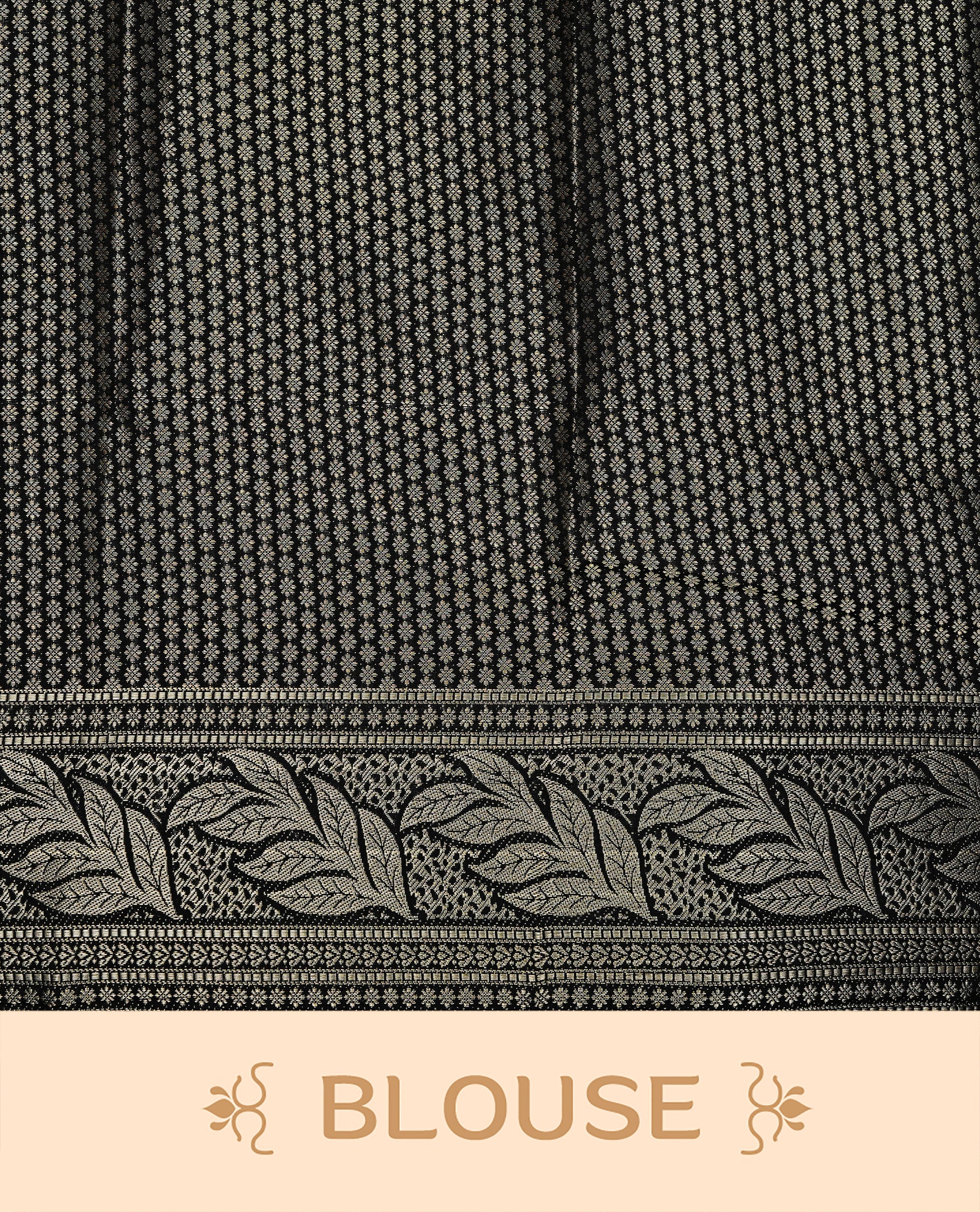Black colour semi Tussar silk saree featuring an elegant plain body, complemented by a self colour border adorned with traditional gold zari floral kodi patterns. Comes paired with a matching blouse piece.