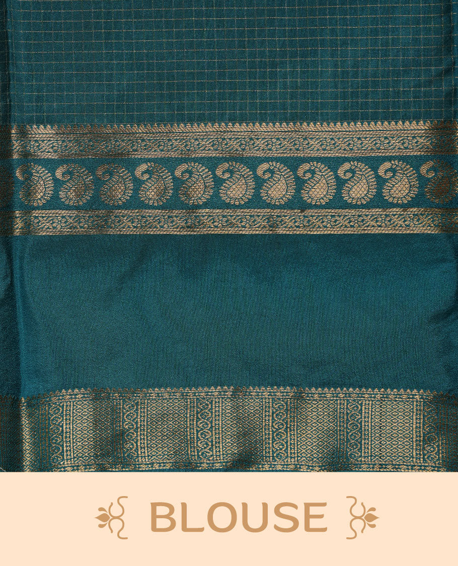 Red colour semi georgette saree featuring gold zari check pattern on body, complemented by contrast teal colour with zari border, paired with matching blouse piece.