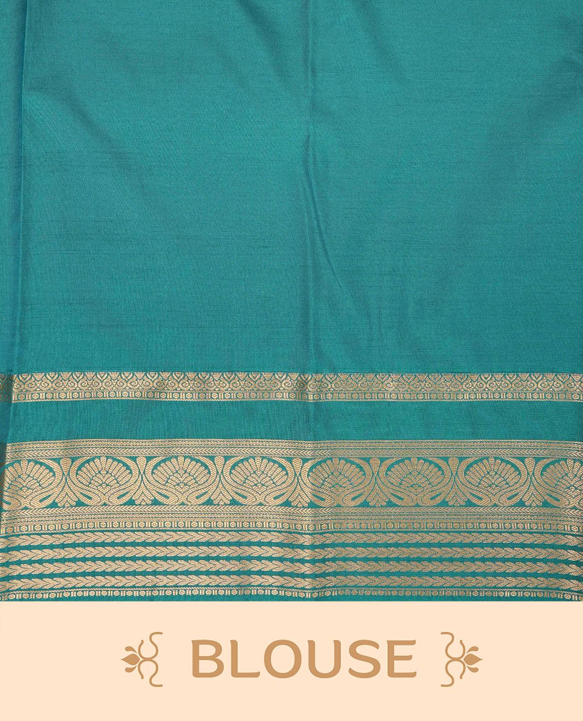 Cream colour semi wedding silk saree featuring gold zari checks with motifs on body,contrast teal green colour with traditional border on body, rich pallu comes with matching blouse piece