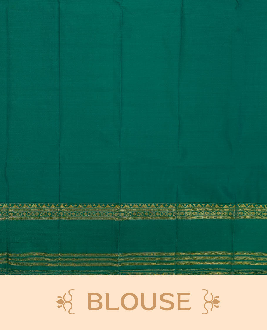 Orange colour semi silk saree highlighting gold zari box pattern  and motifs across body, featuring contrast green colour border with gold zari pattern, comes with matching blouse .