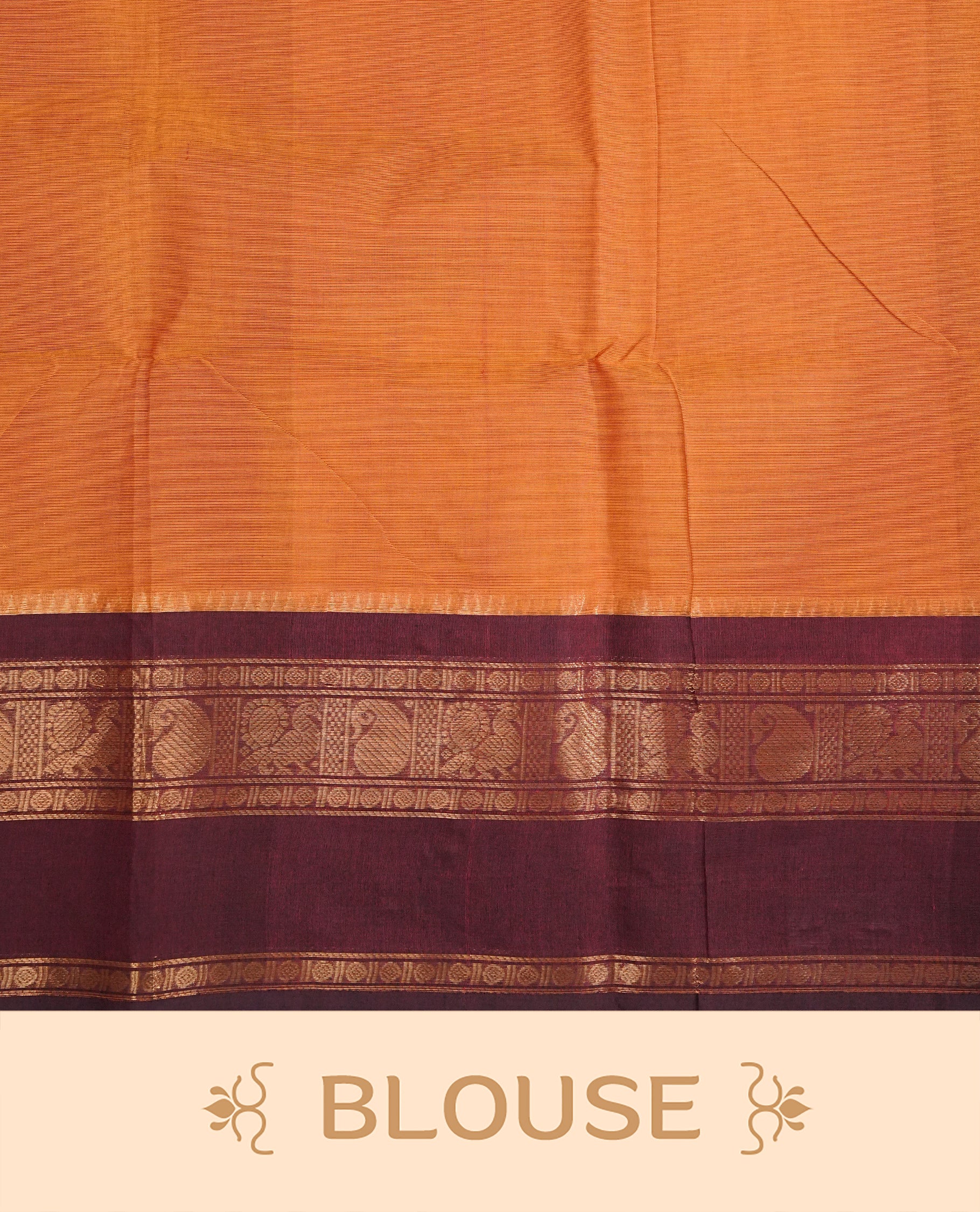 Mustard Orange Colour Chettinad Cotton Saree Featuring a Plain Body ,complemented by Contrast Maroon Colour With Gold Zari border, paired with matching blouse piece.