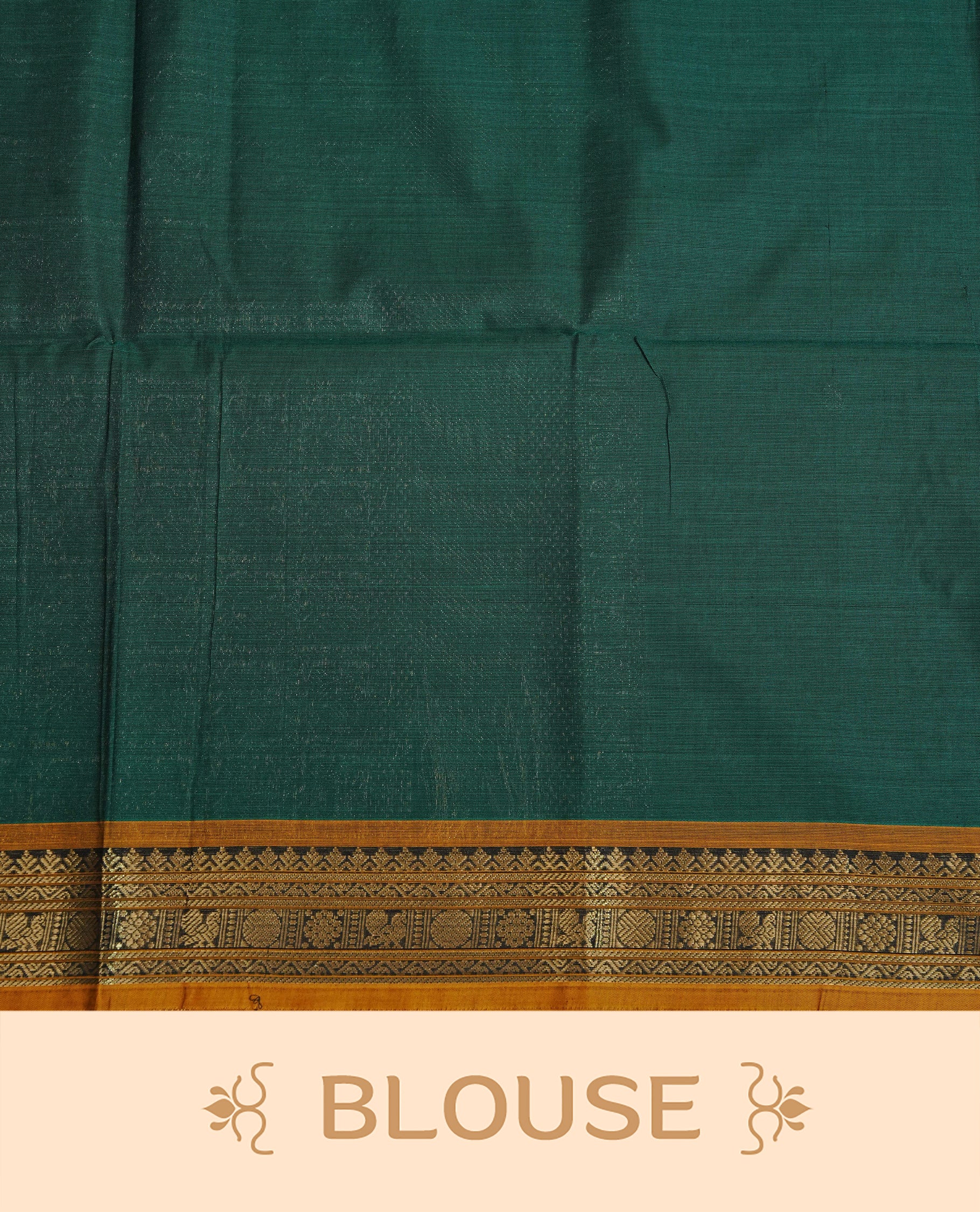 Green colour chettinad cotton saree featuring gold zari motifs body, Contrast Mustard colour with Gold zari border, comes with matching blouse piece.