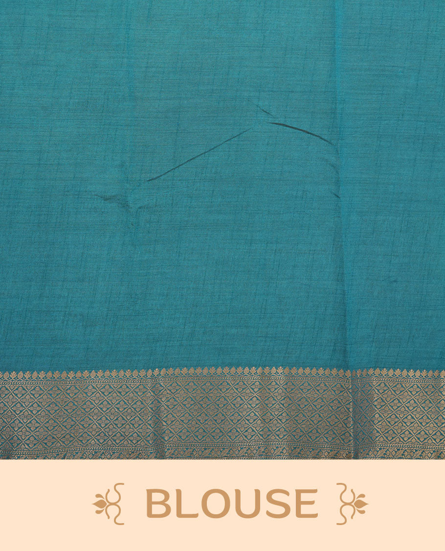 Light gold colour semi tussar saree featuring gold zari buttas across body, contrast teal colour gold zari border and comes with matching blouse piece.