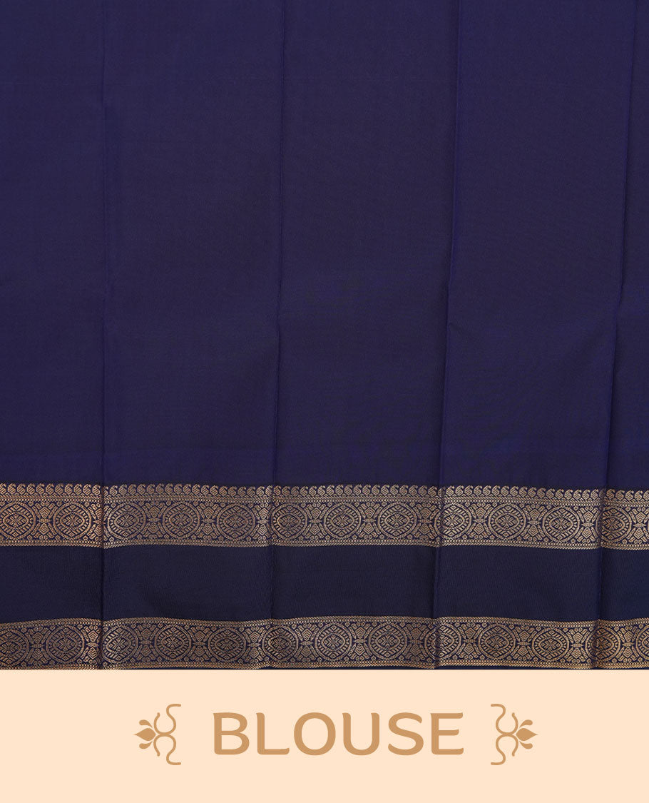 Rani pink colour semi silk saree highlighting gold zari motifs across body, featuring contrast blue colour border with gold zari pattern, comes with matching blouse .