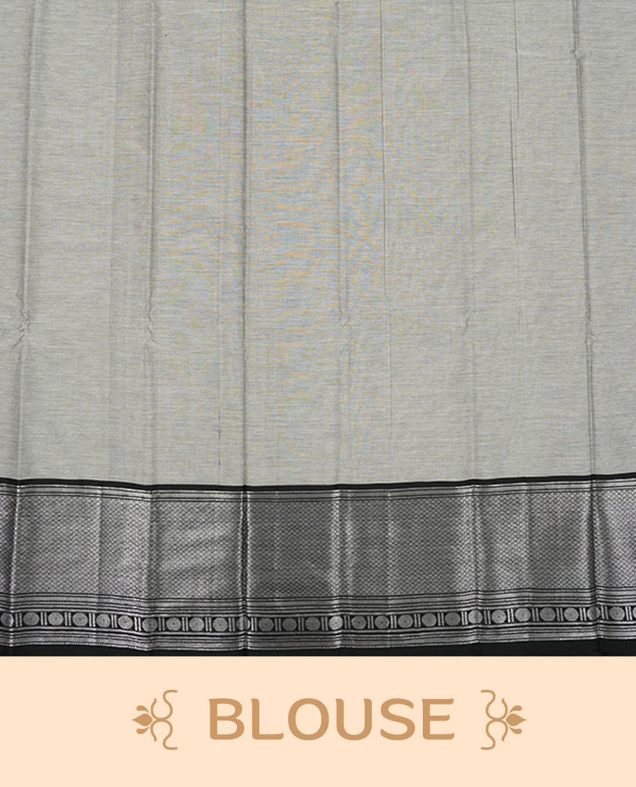Gray colour Narayanapattu cotton saree featuring a self coloured body, contrast Black colour with silver zari border and pallu, pairing a matching blouse piece.