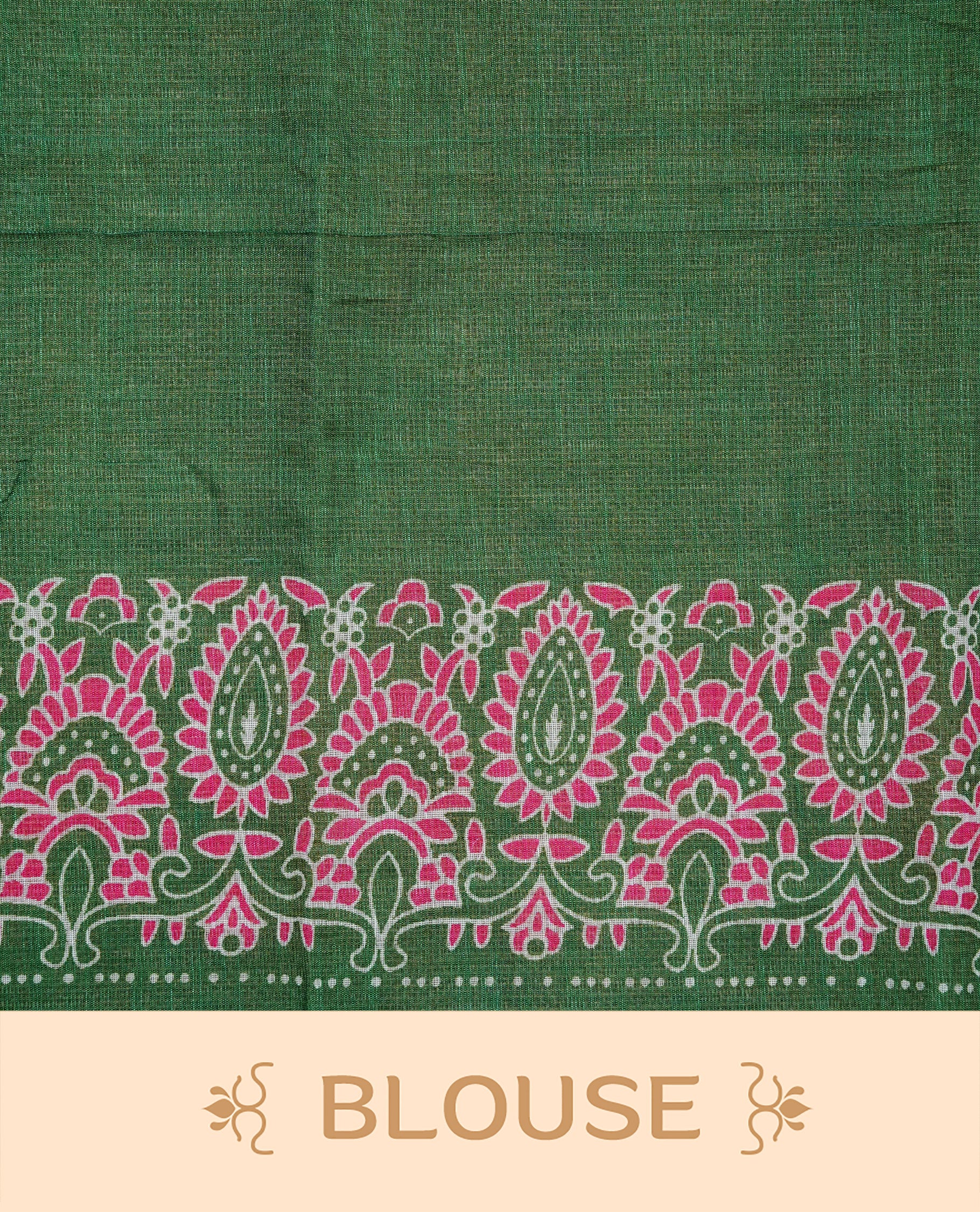Off White colour Semi Linen Saree Featuring Elegant Floral Print on body, Contrast Green Colour Border, Minimal Floral print Pallu, Unique Tassel Detailing For Festive Vibe, Contrast Colour Blouse piece.