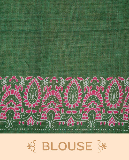 Off White colour Semi Linen Saree Featuring Elegant Floral Print on body, Contrast Green Colour Border, Minimal Floral print Pallu, Unique Tassel Detailing For Festive Vibe, Contrast Colour Blouse piece.