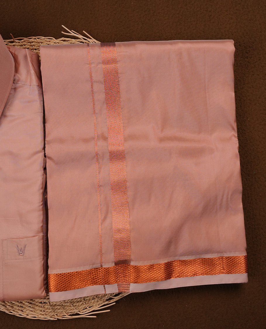 Dark copper colour MINISTER WHITE shirt paired with a matching dhoti, finishing with a copper border