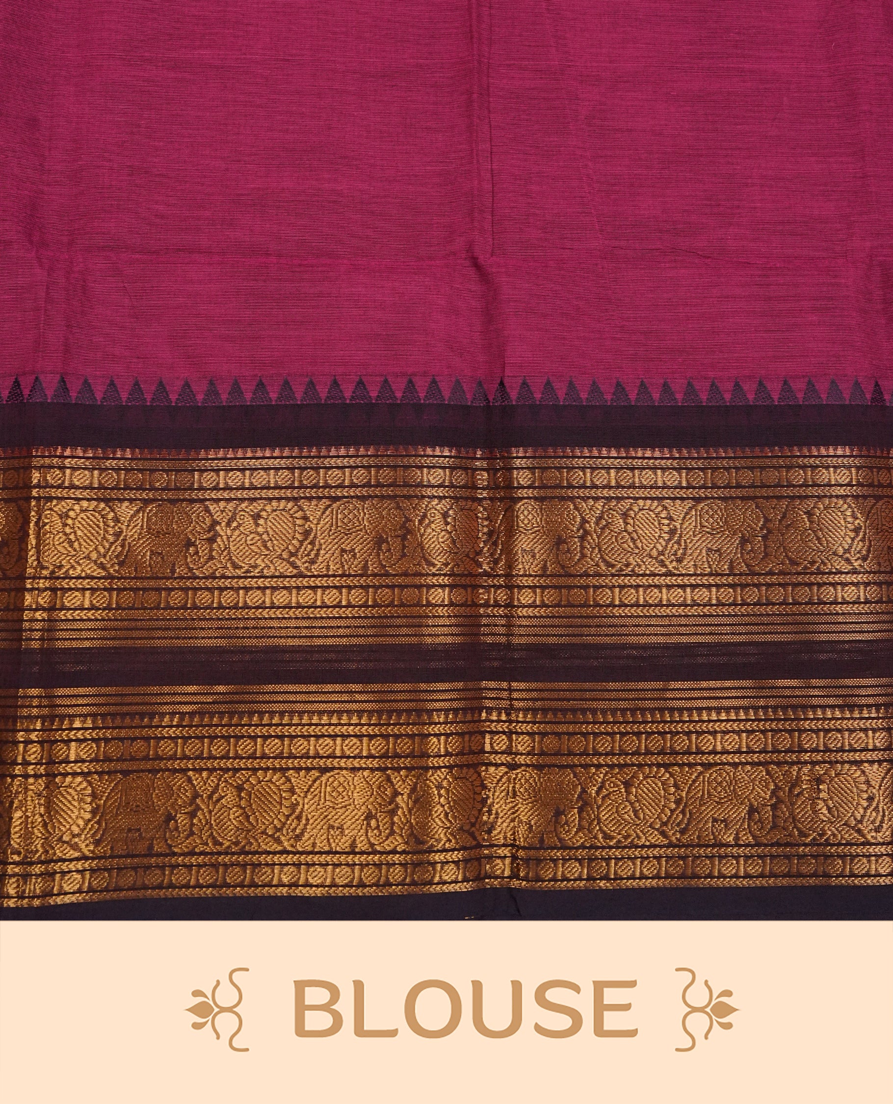 Rani pink  colour chettinad cotton saree featuring Elegant plain body,Contrast Grape colour with Gold zari border, comes with matching blouse piece.