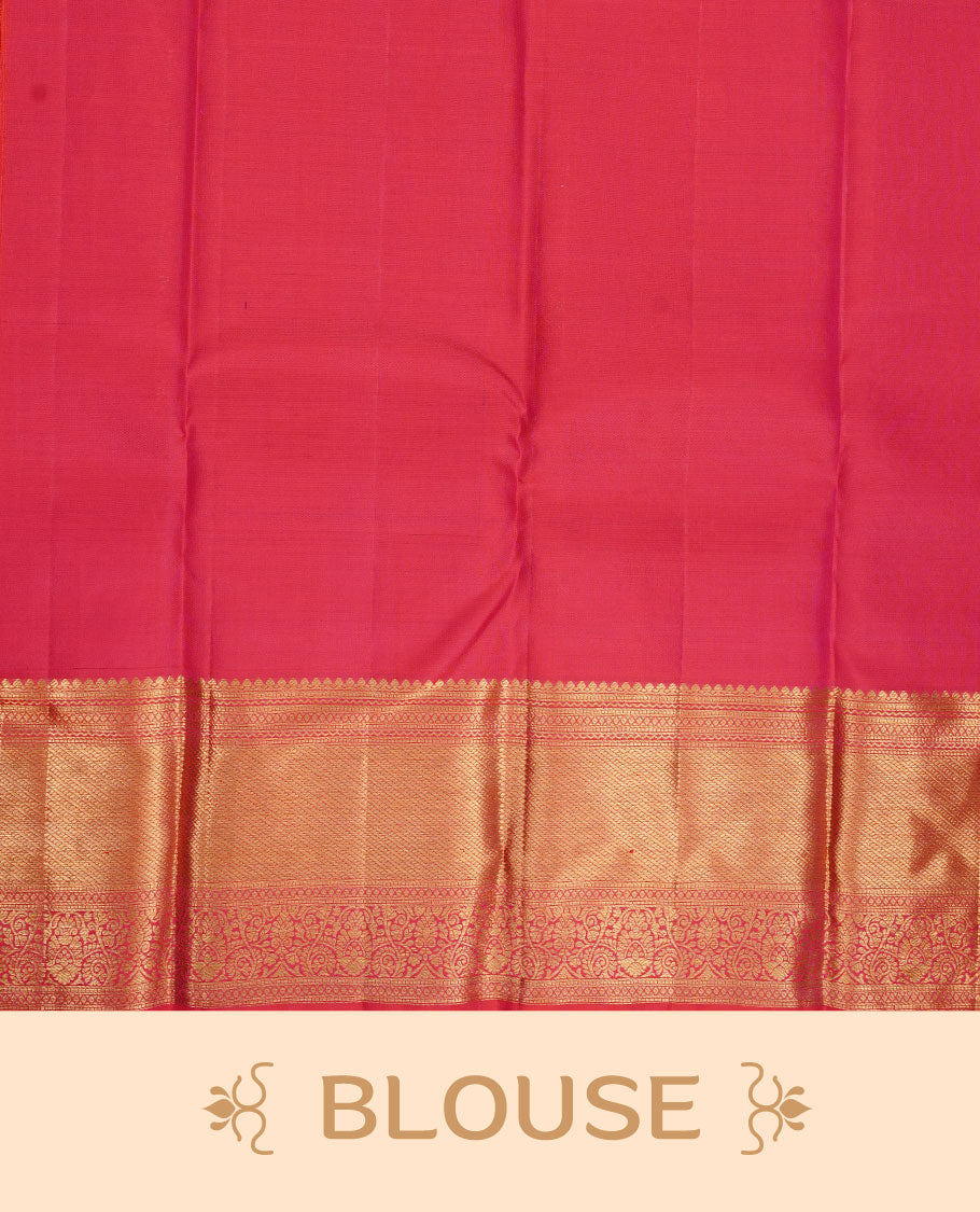 Rasberry colour kancheepuram silk saree featuring gold zari pattern across body, complemented by selfcolour border traditional zari border, paired with matching blouse piece.