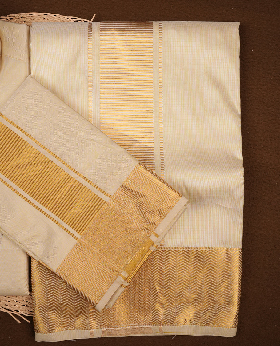Medium gold colour MINISTER WHITE shirt paired with a matching dhoti, finishing with a gold border