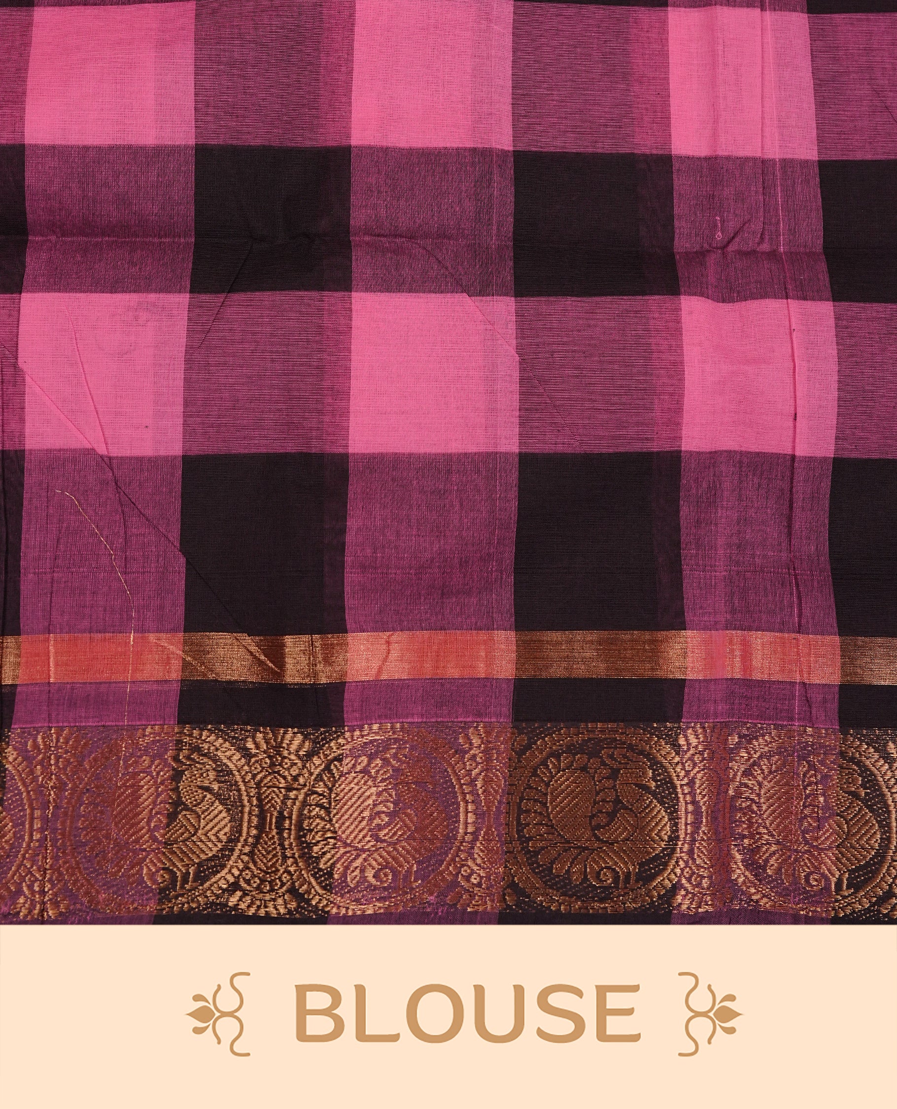 Pink & Purple colour chettinad cotton saree featuring check pattern on body, complemented by Self Colour with gold zari border, comes with matching blouse piece.