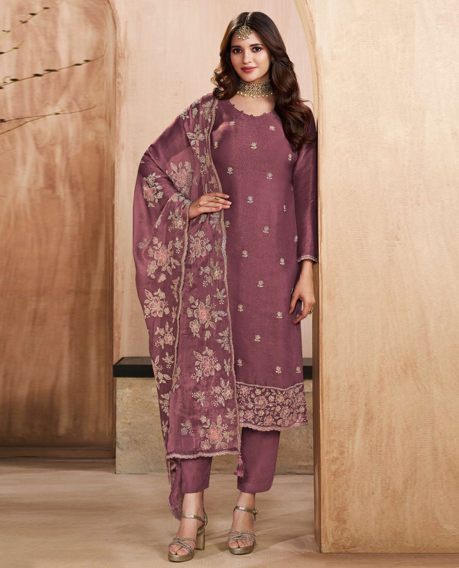 Twilight lavender colour silk suit material with heavy kurta embroidery and stone work, paired with premium soft santoon bottoms and a silk dupatta detailed with rich floral kodi work