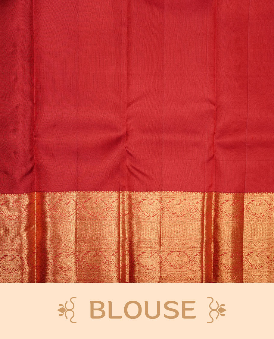 Maroon colour kancheepuram silk saree featuring gold zari check pattern across body, complemented by selfcolour border traditional zari border, paired with matching blouse piece.