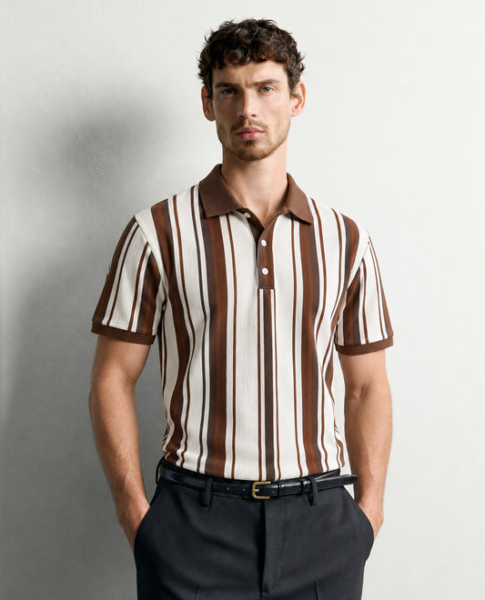 Cream colour Tshirt featuring Collar design neck, elegant Strip pattern on body and Half sleeve.
