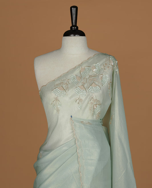 Pastel green colour net organza saree featuring thread, sequins, cut beats worked on body, highlighting scalp border, paired with matching blouse piece.