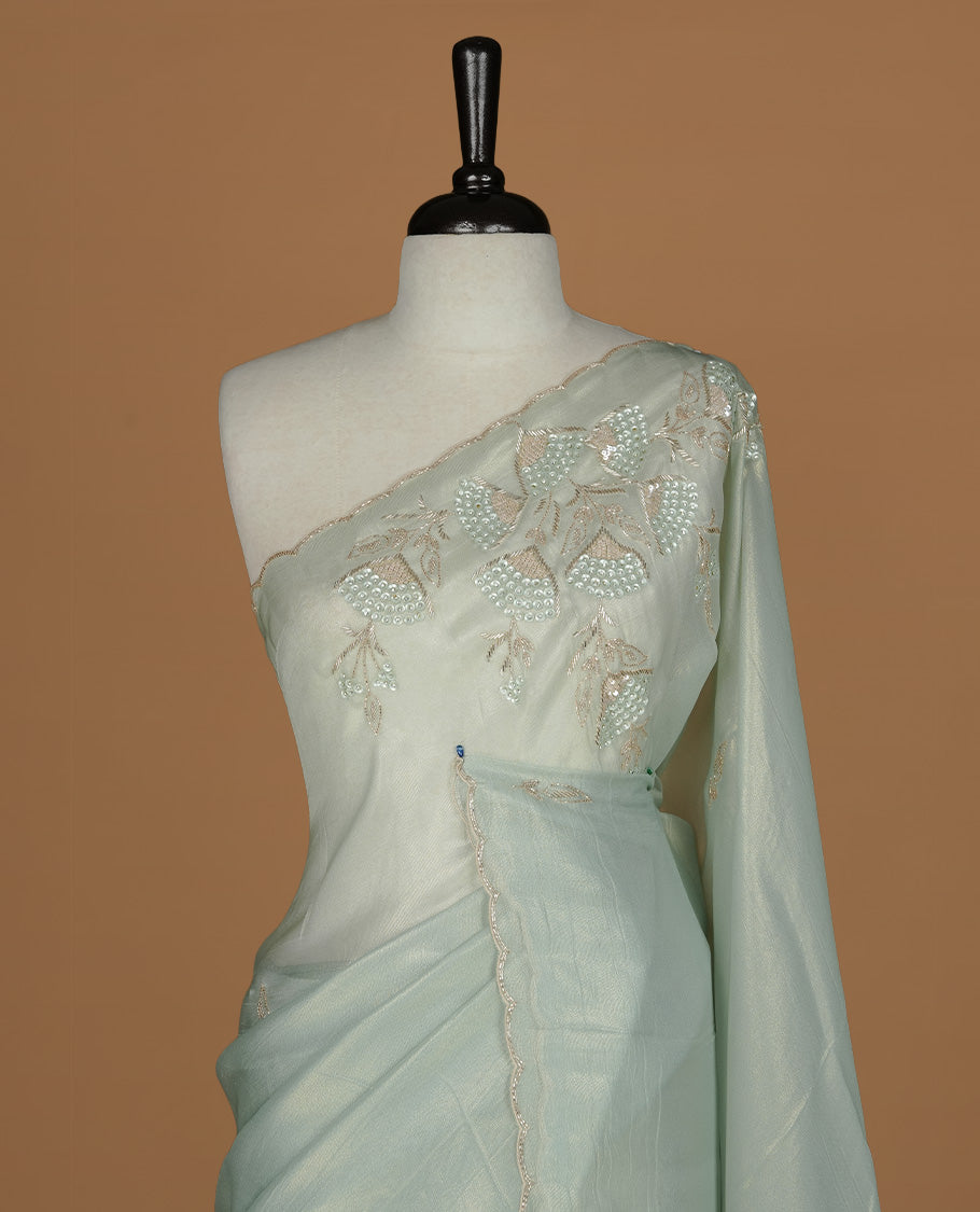 Pastel green colour net organza saree featuring thread, sequins, cut beats worked on body, highlighting scalp border, paired with matching blouse piece.