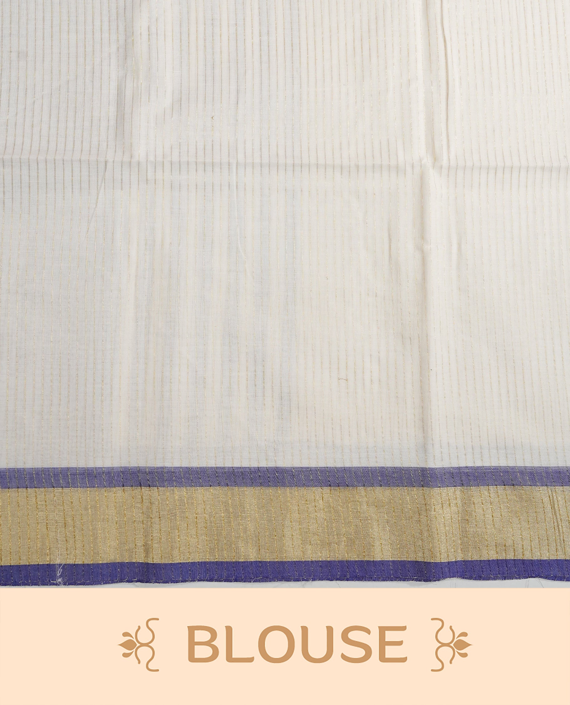 White colour chettinad cotton saree Featuring Gold zari strips on body, complemented by contrast Blue colour with zari border, comes with matching blouse piece.